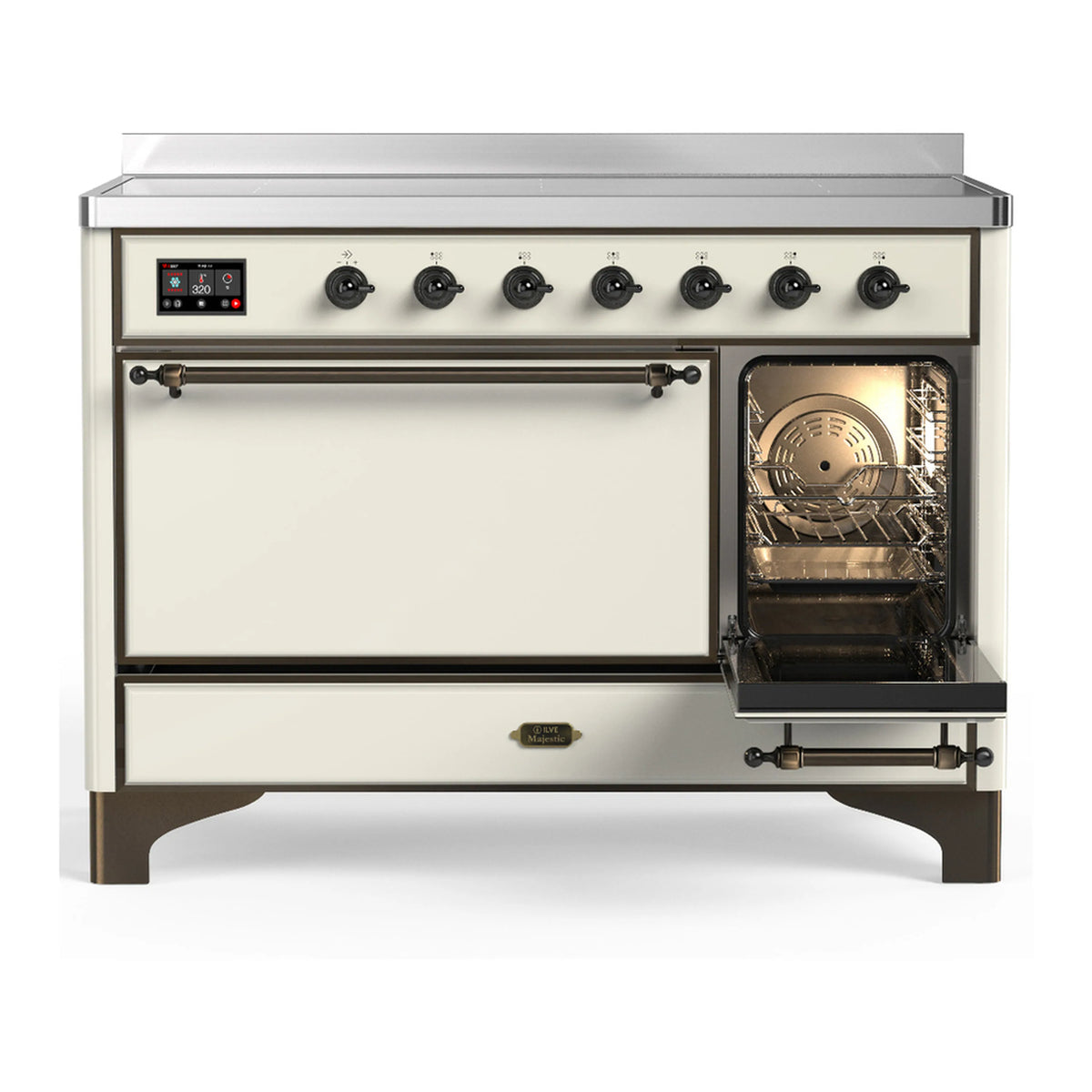 Induction range with closed oven door and burner knobs along the control panel