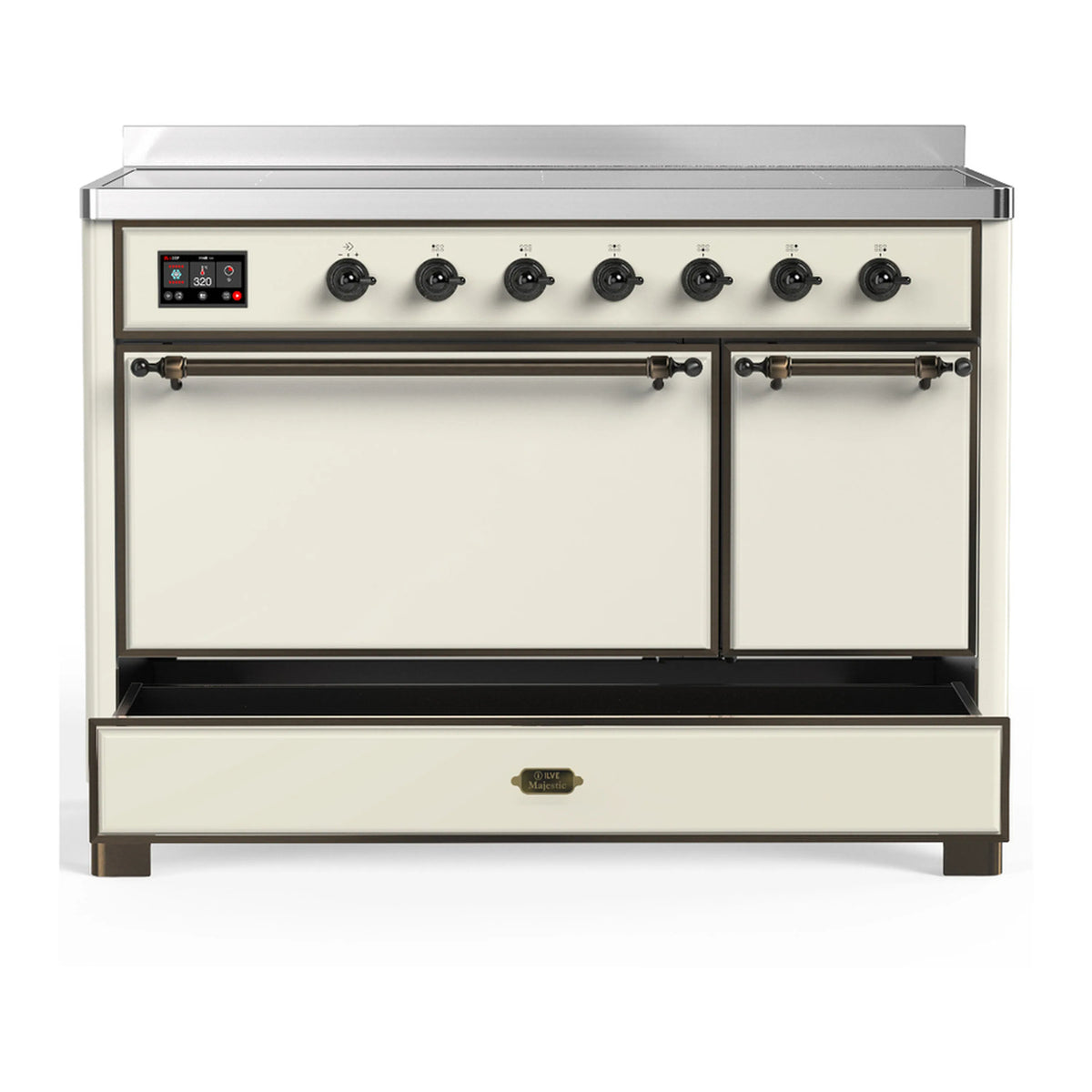 Induction range with two lower doors and a central storage drawer in antique white