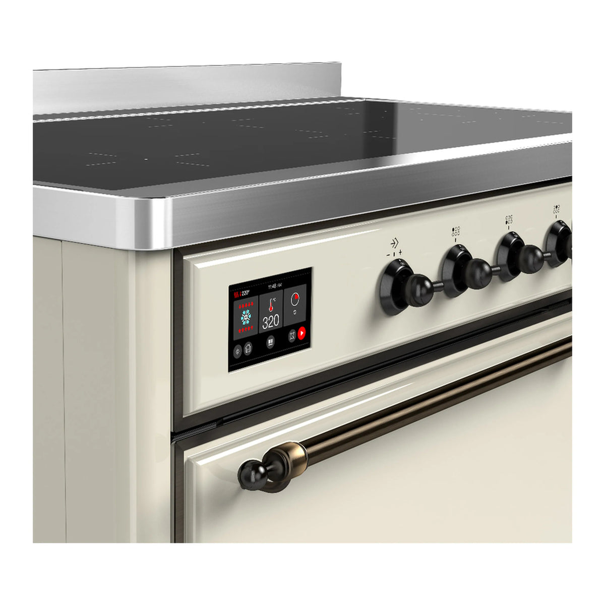 Induction range control panel detail with digital display and round burner knobs