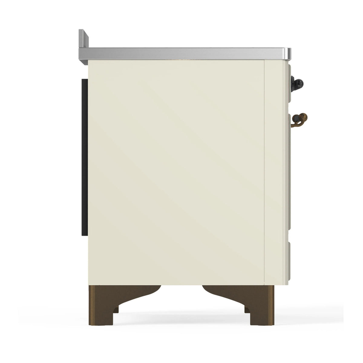 Induction range side panel with antique white finish and bronze-colored trim supports