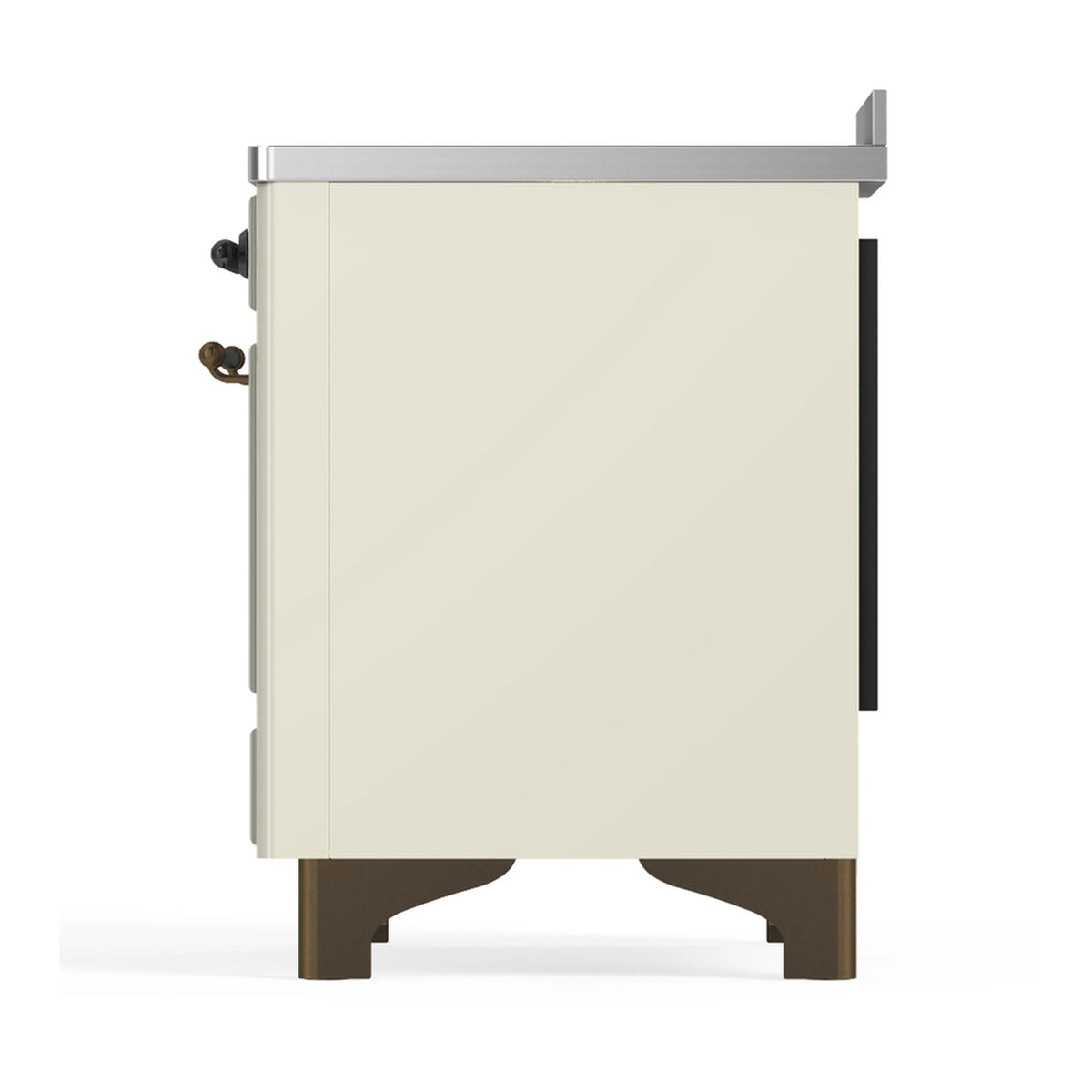 Induction range side panel with antique white finish and bronze base legs