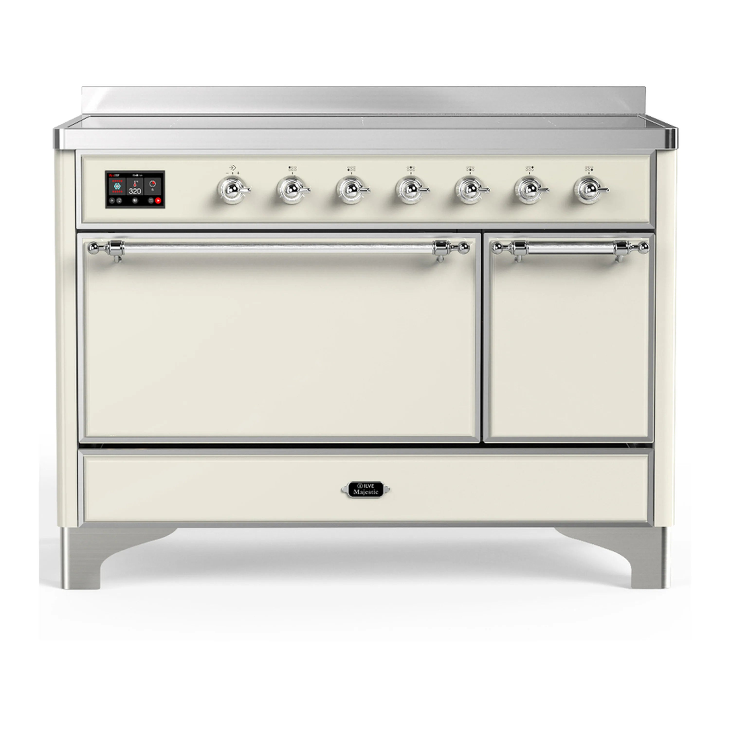 Antique white induction range with chrome trim, solid double oven doors, and front control panel
