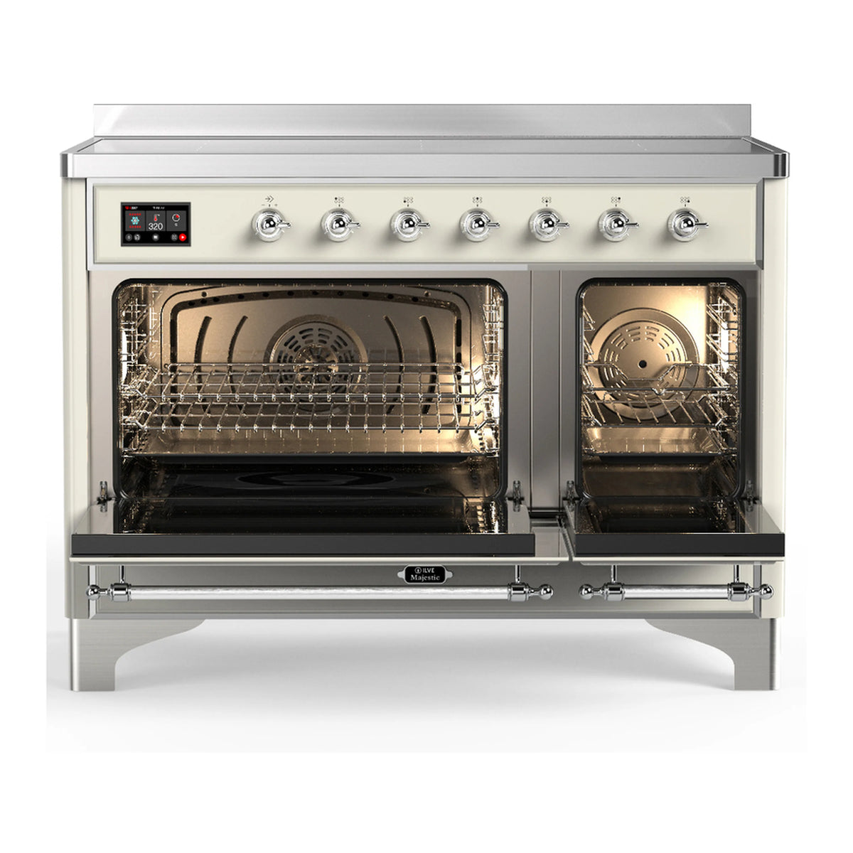 Antique white induction range with chrome trim, open oven doors showing racks and interior heating