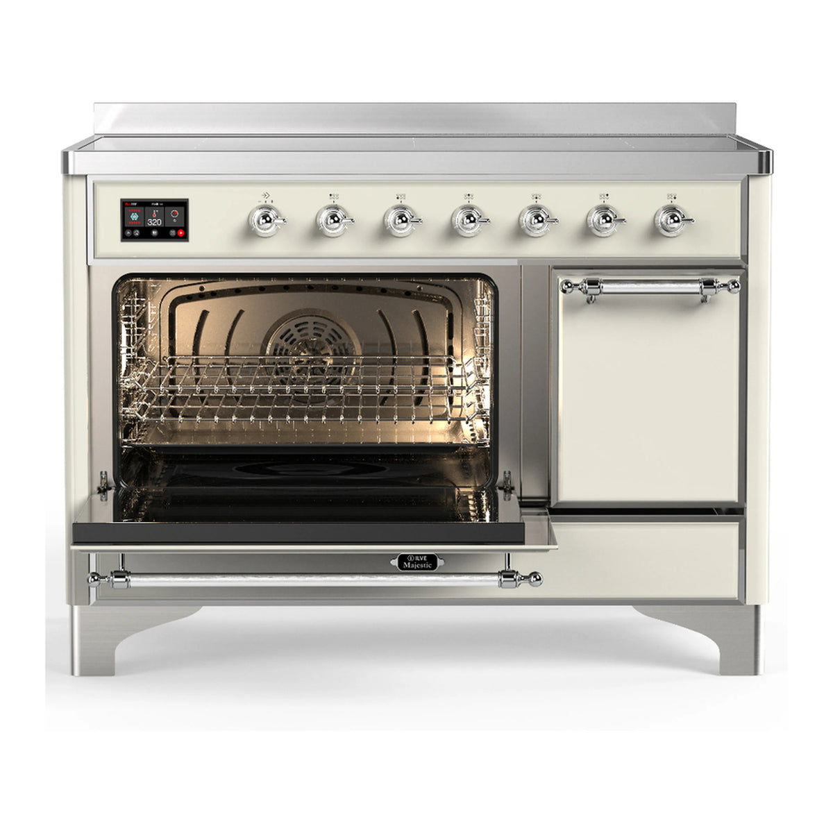 Antique white induction range with chrome trim, one oven open showing bake rack and fan