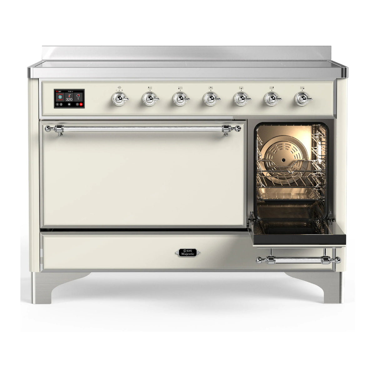 Antique white induction range with chrome trim, open oven with lit interior and two racks