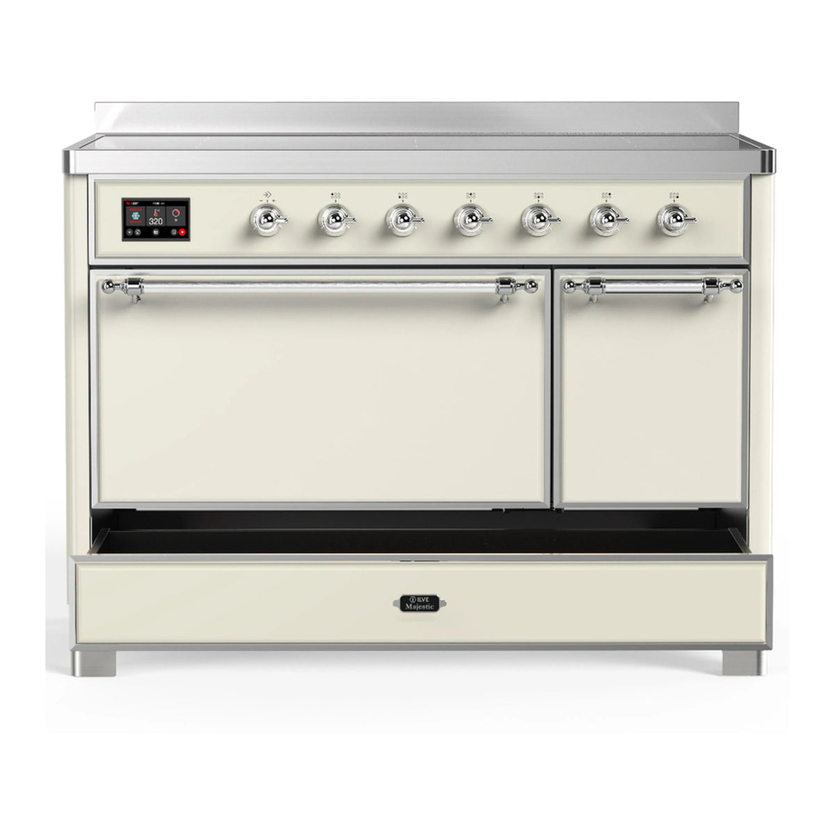 Antique white induction range with chrome trim, closed double oven doors and lower storage drawer