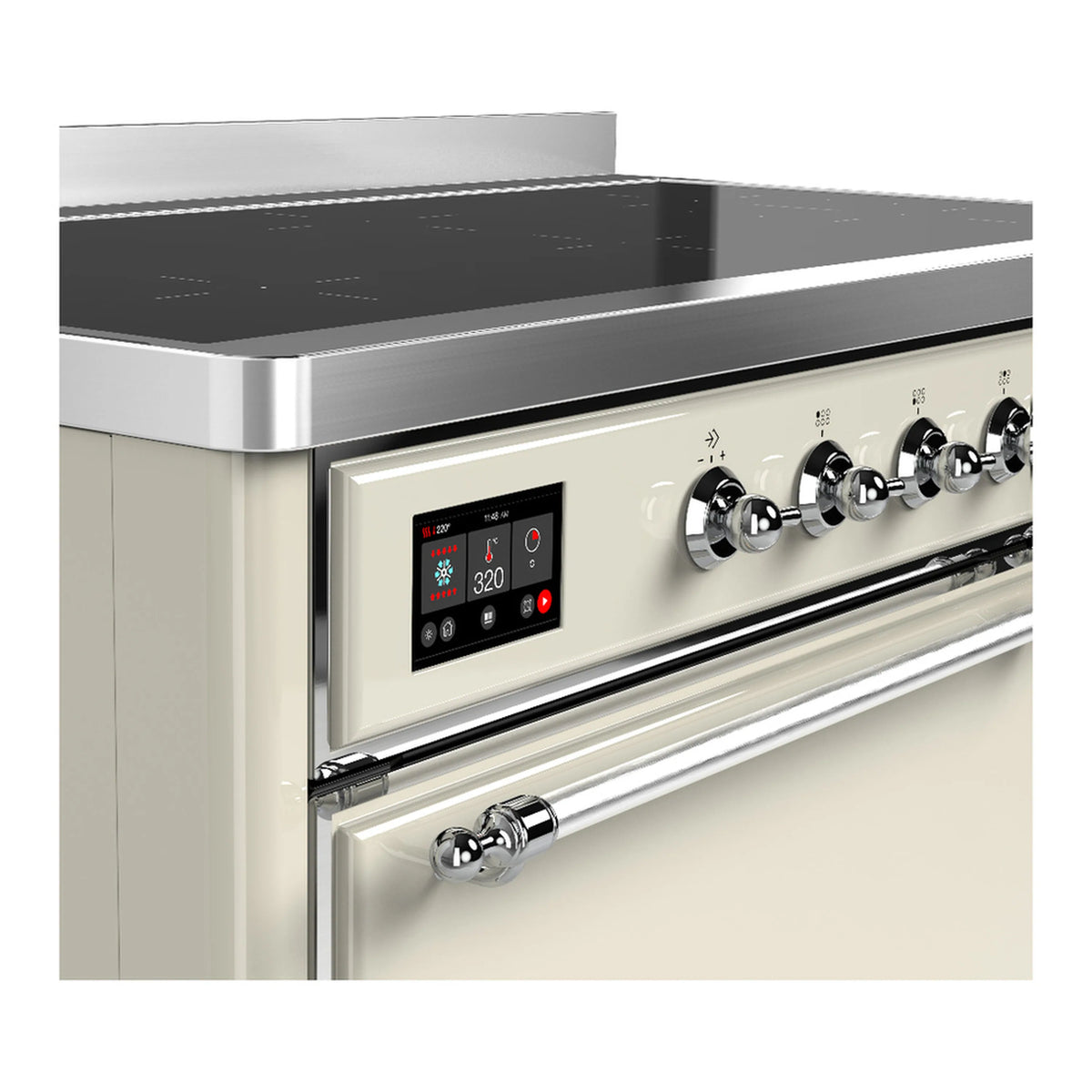 Antique white induction range control panel with digital display, chrome knobs, and trim