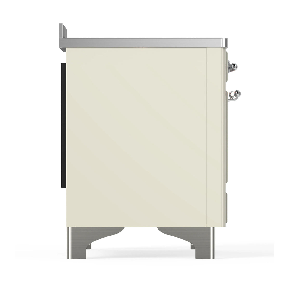 Antique white induction range side panel with chrome trim and vent opening at lower edge