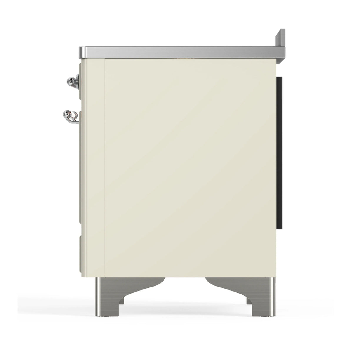Antique white induction range side panel with chrome trim and door handle near the edge