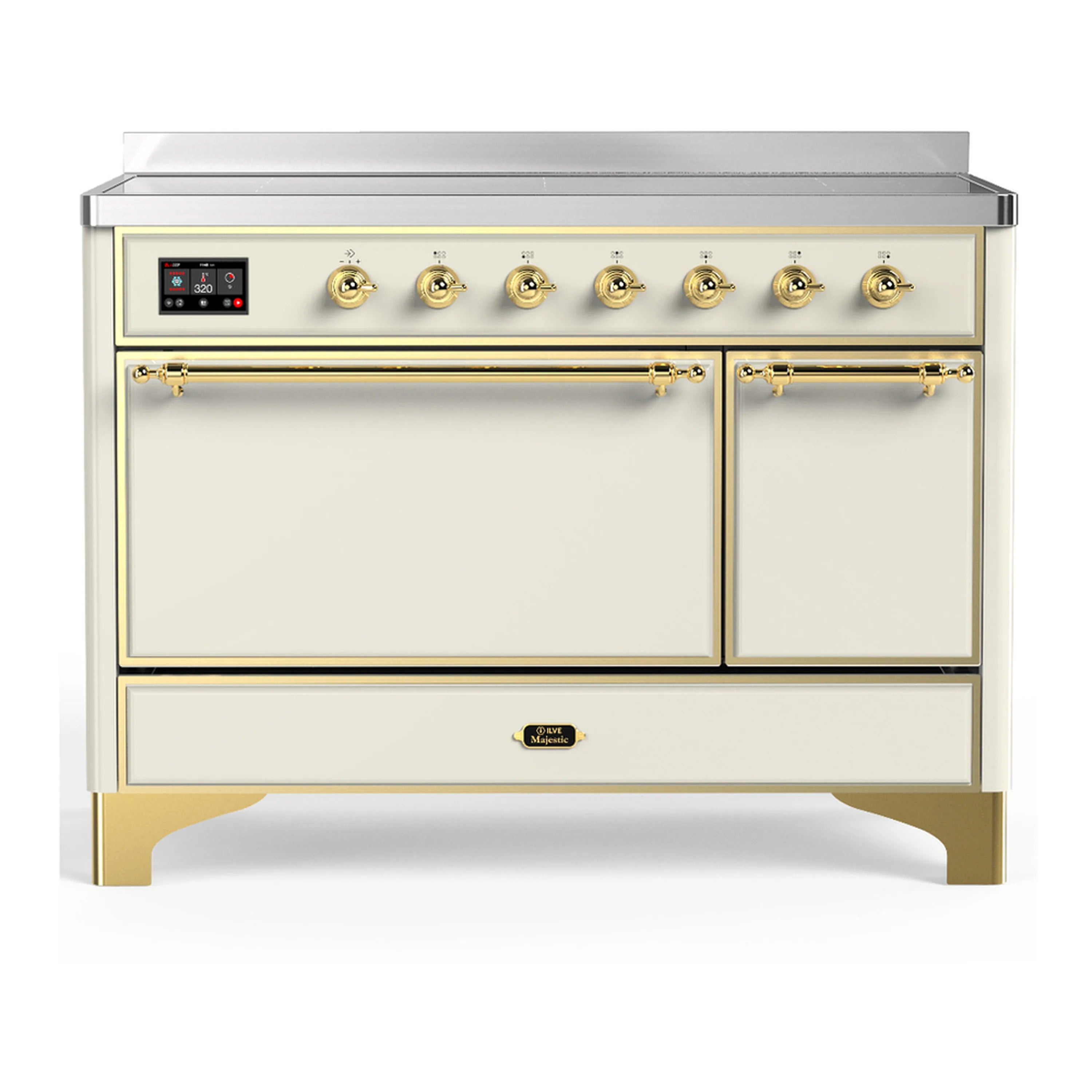 Antique white induction range with brass trim, double oven doors, and control panel