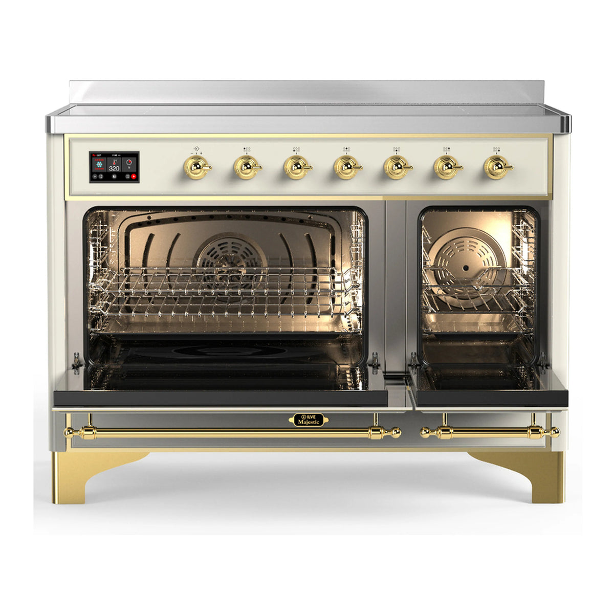 Antique white induction range with open ovens, racks inside, and brass-trimmed control panel