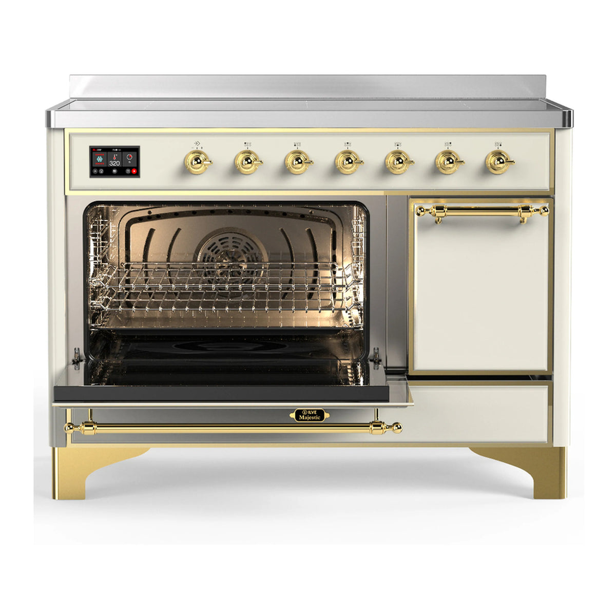 Antique white induction range with one oven open showing interior racks and brass trim