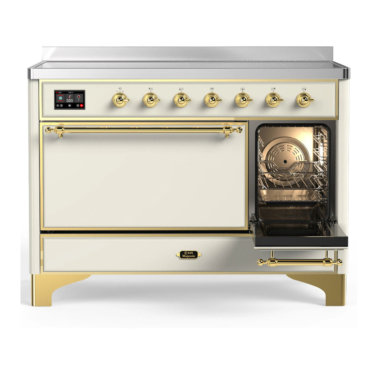 Antique white induction range with open oven door showing rack and interior heating area