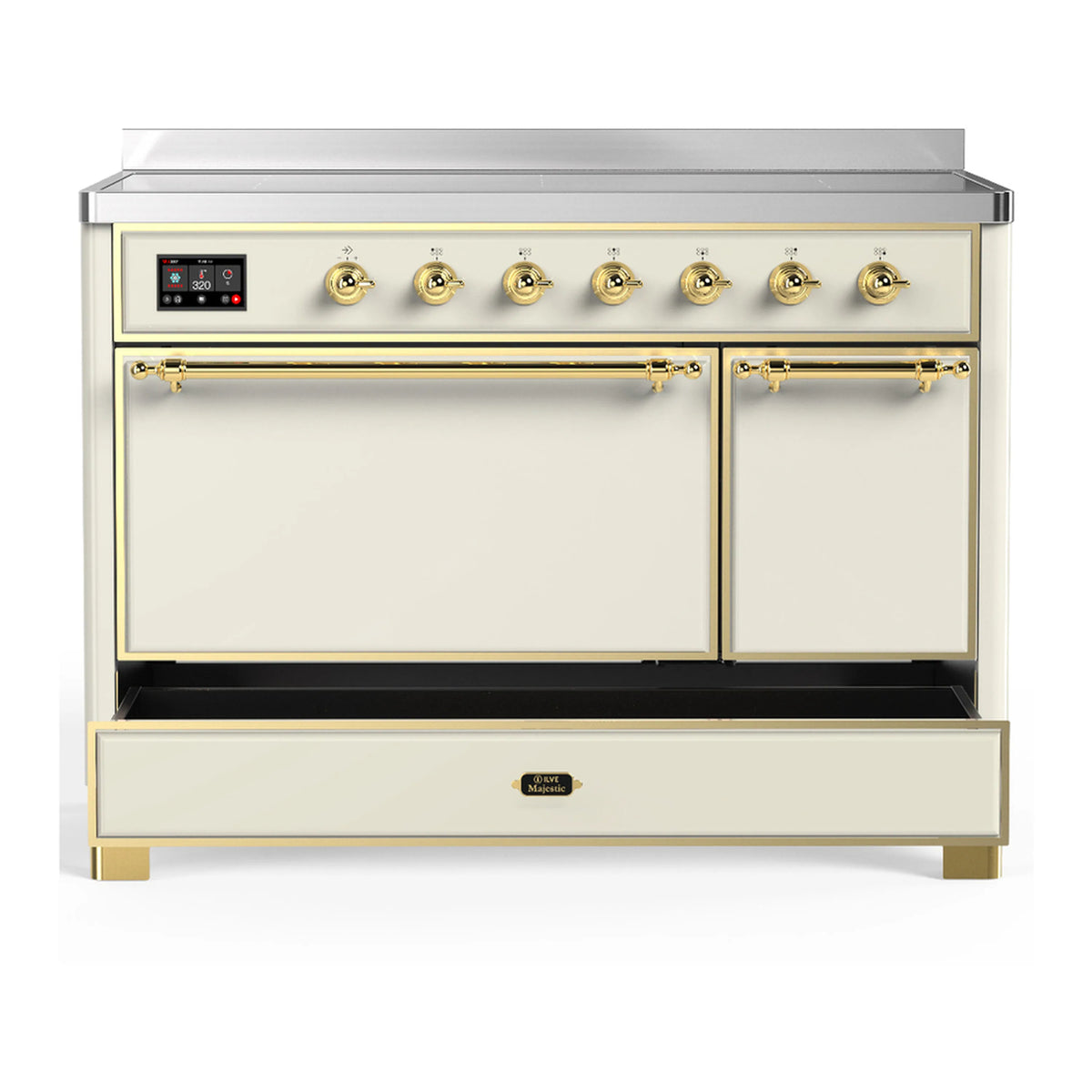 Antique white induction range with brass handles, closed oven doors, and front control panel
