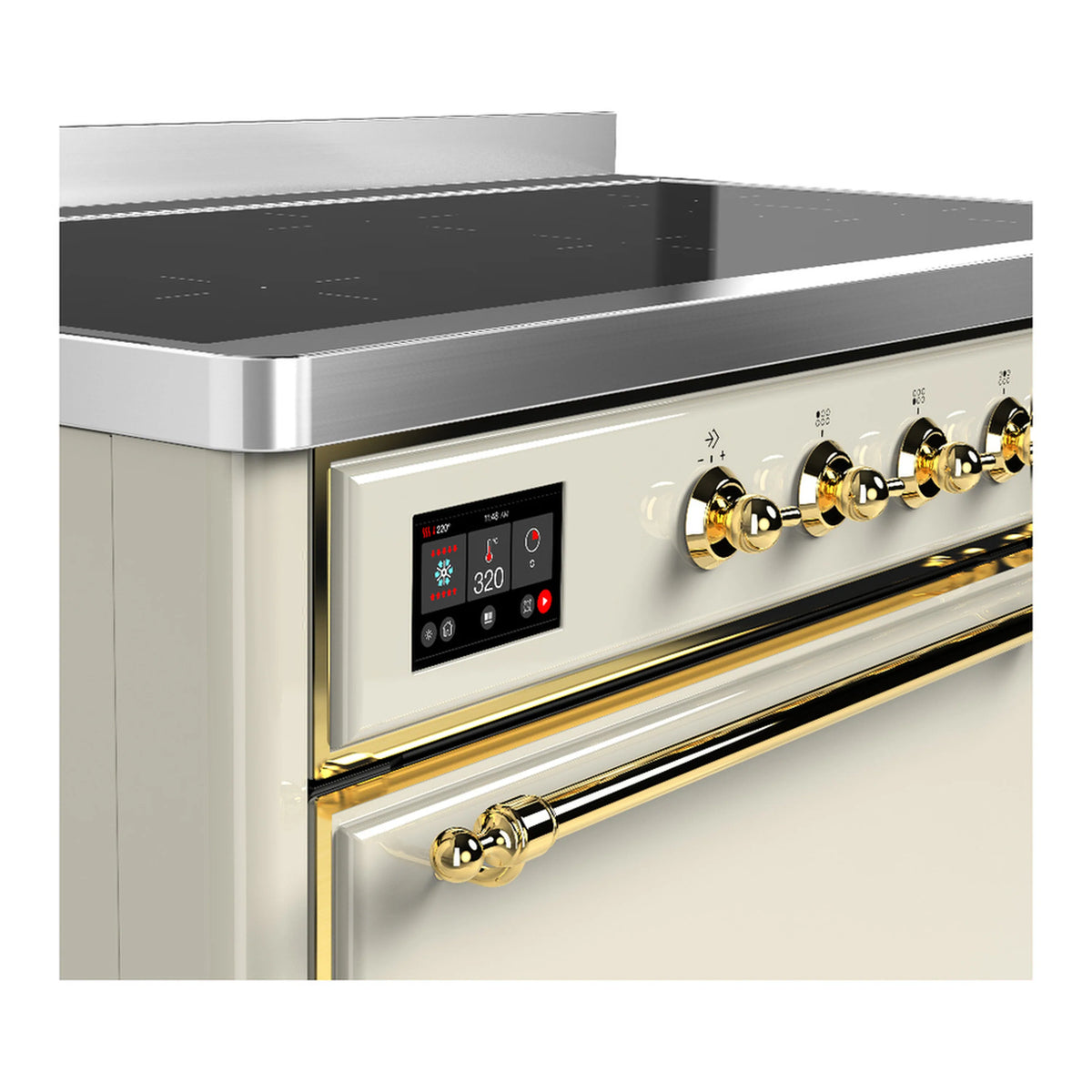 Induction range close-up of brass control knobs and digital display on antique white panel
