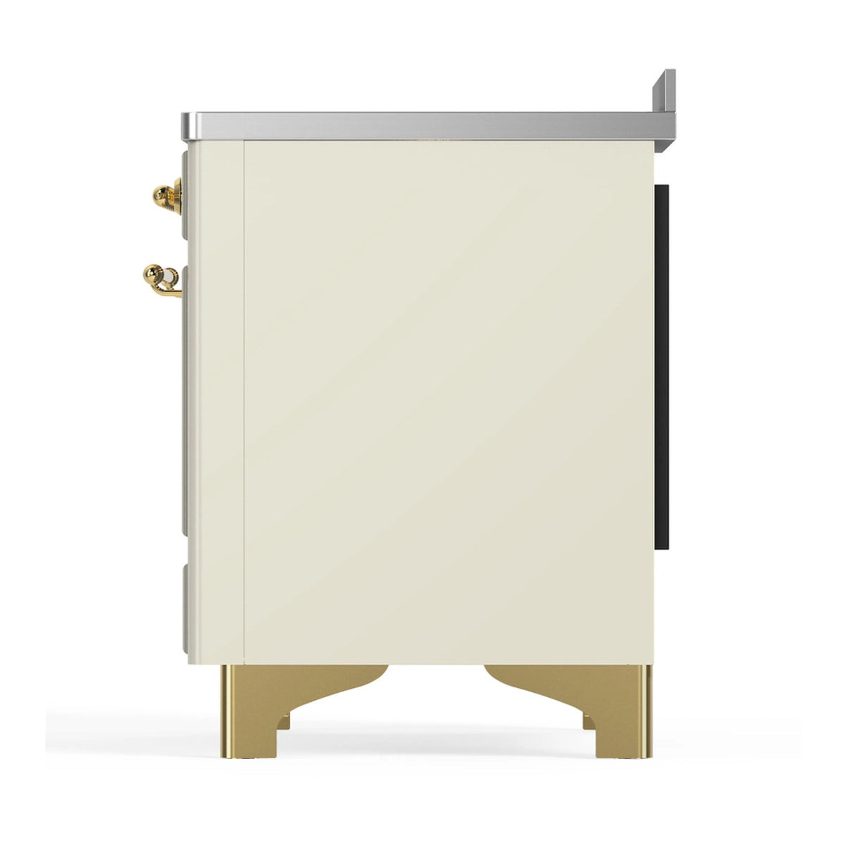 Antique white induction range back/side view with brass feet and black rear opening