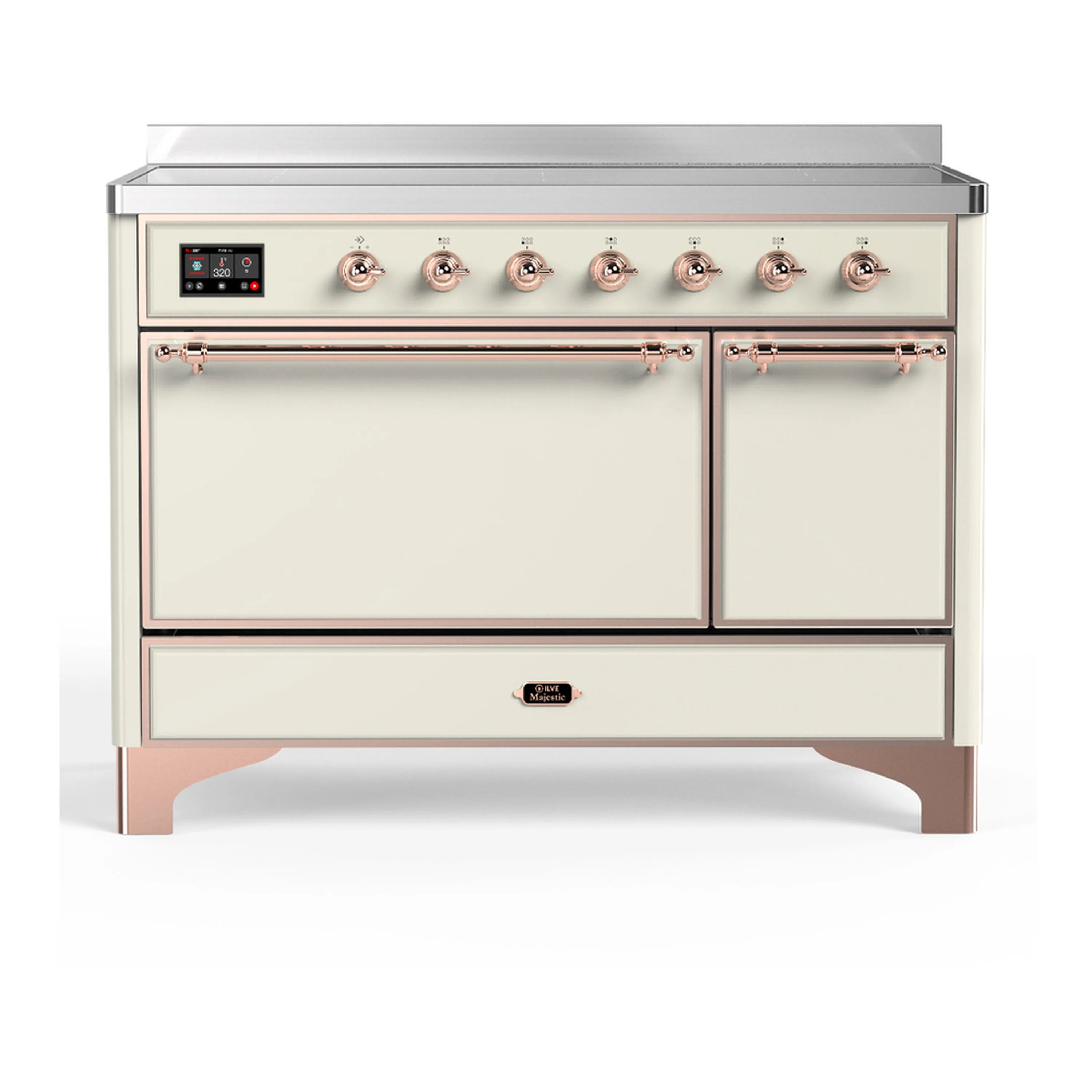 ILVE antique white induction range with copper trim, dual oven doors and control panel