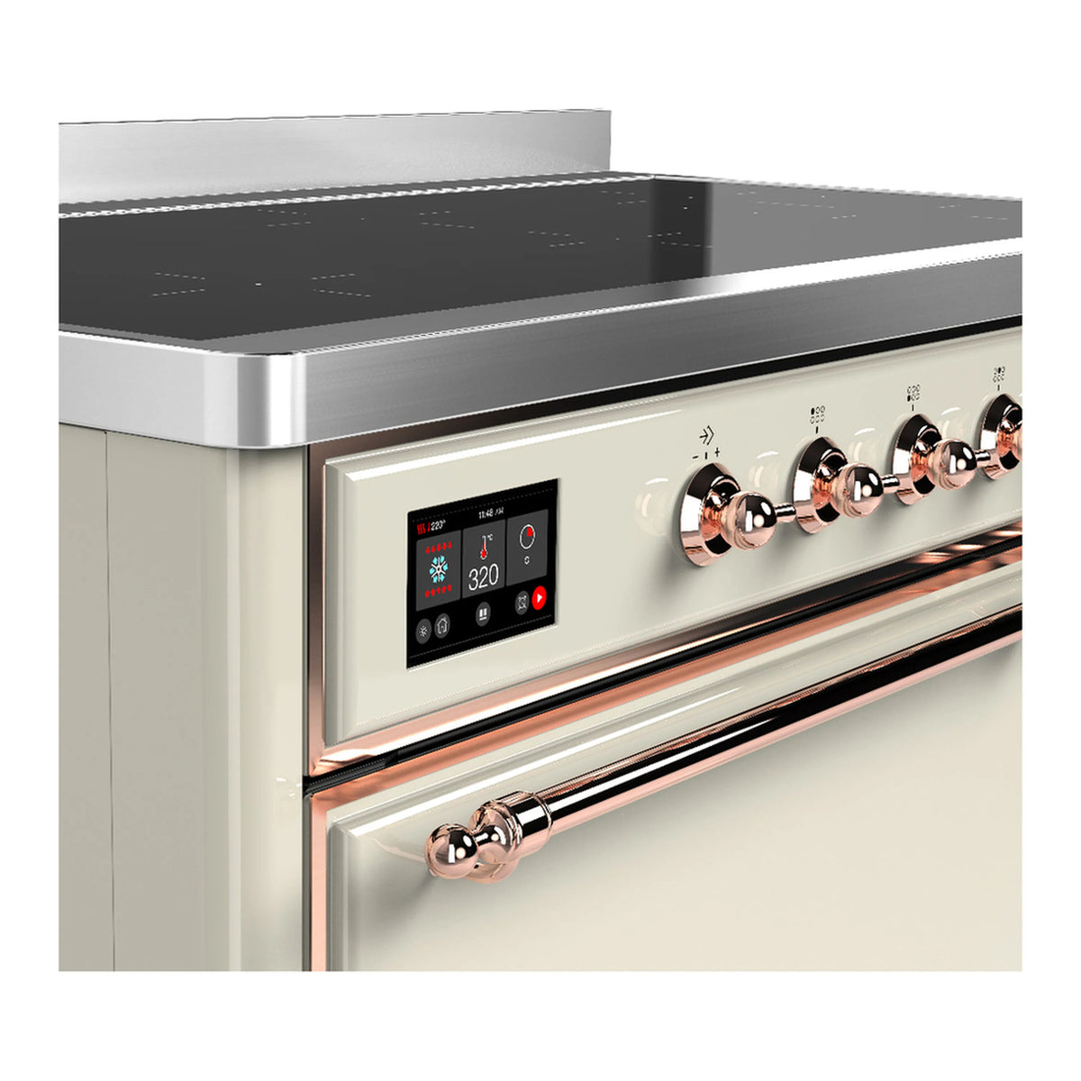 ILVE induction range control panel with digital display and copper-finished knobs