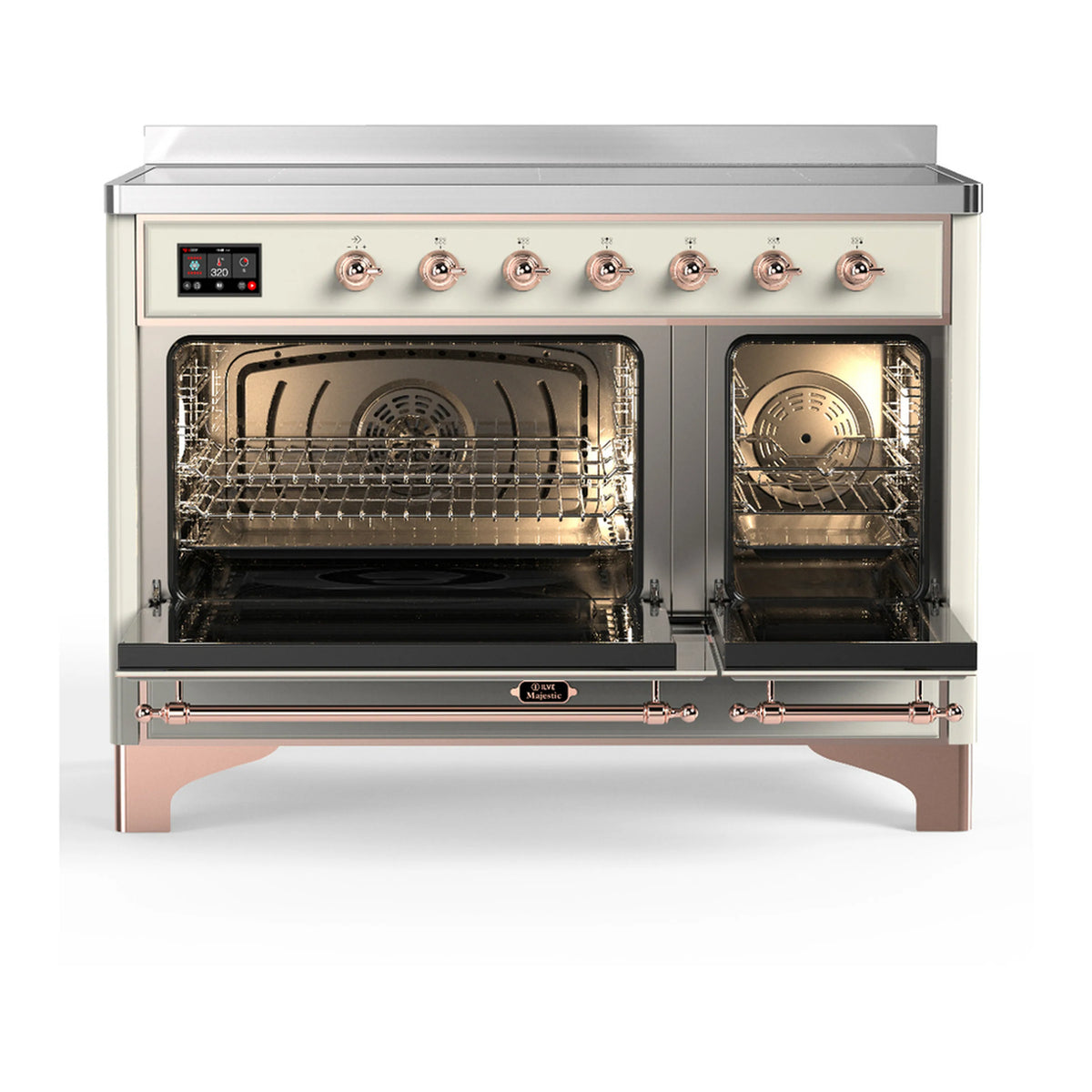 ILVE induction range with two open oven doors and interior racks, antique white exterior