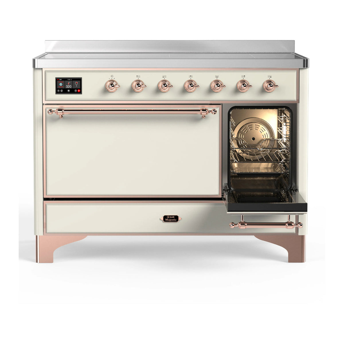 ILVE induction range with single open oven door, copper handle and interior racks