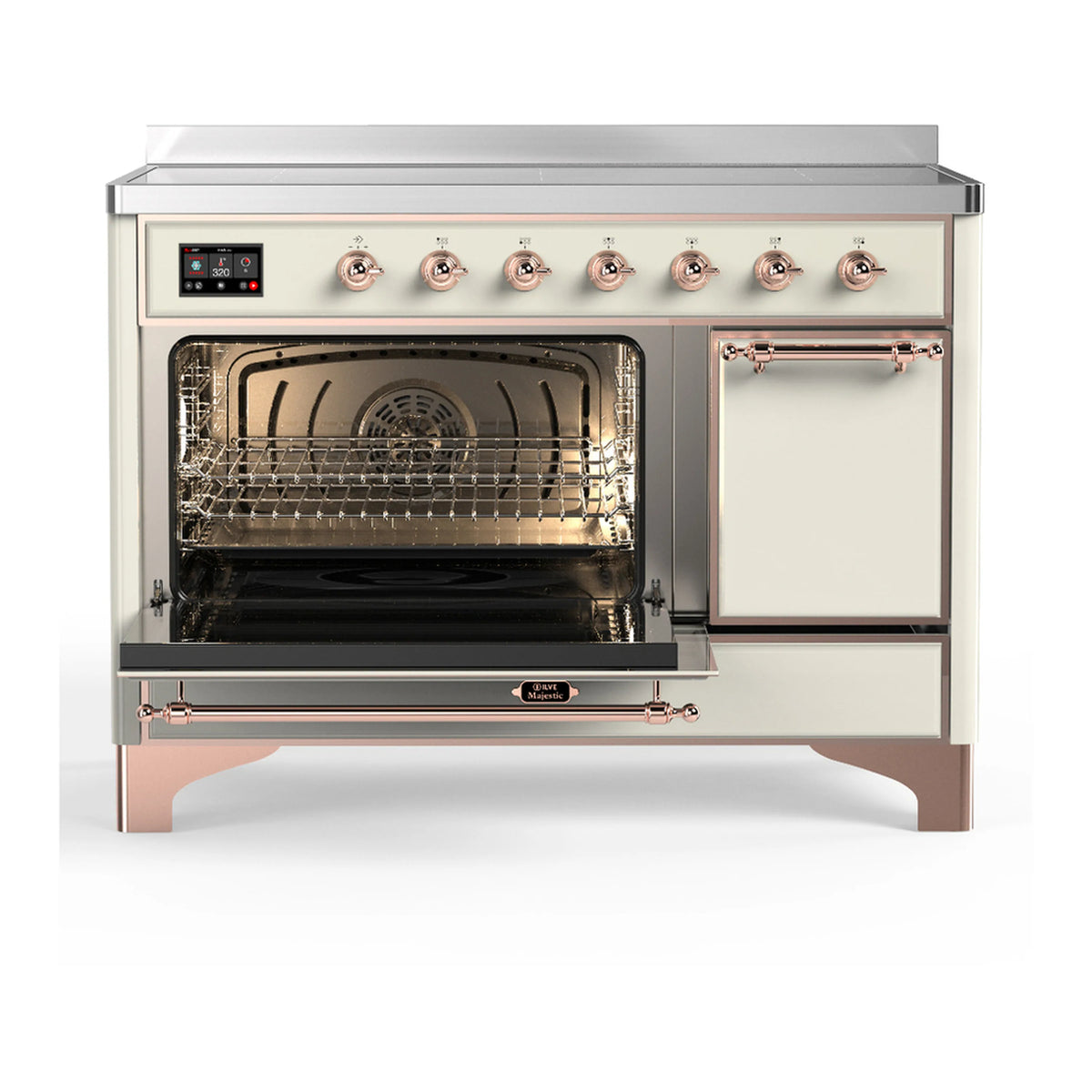 ILVE induction range with open oven door and wire racks, antique white with copper trim