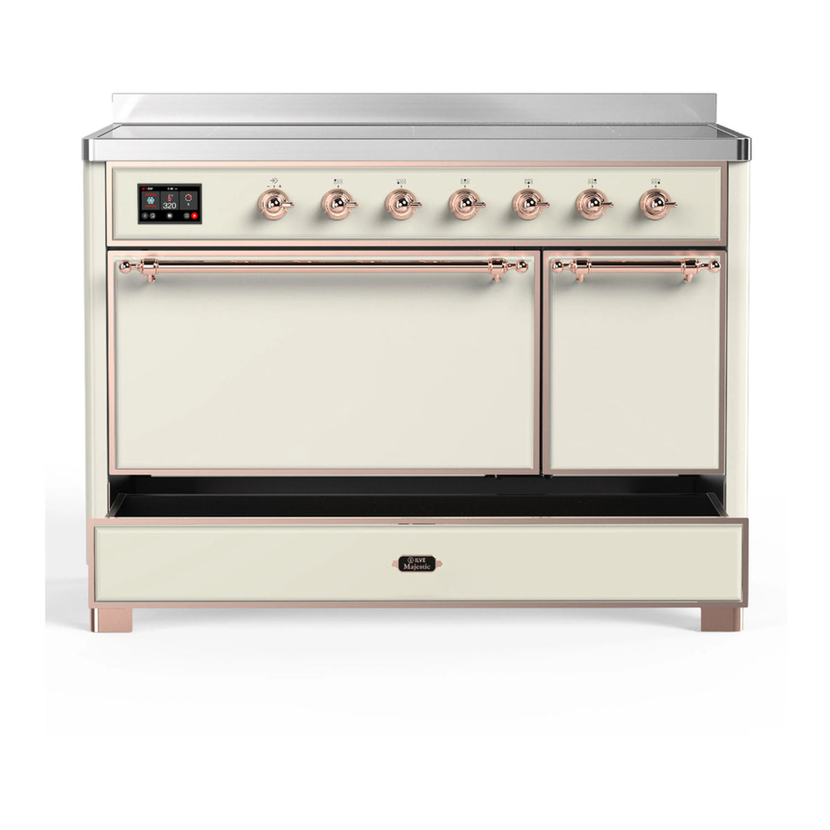 ILVE antique white induction range with copper-trim oven doors and front control panel