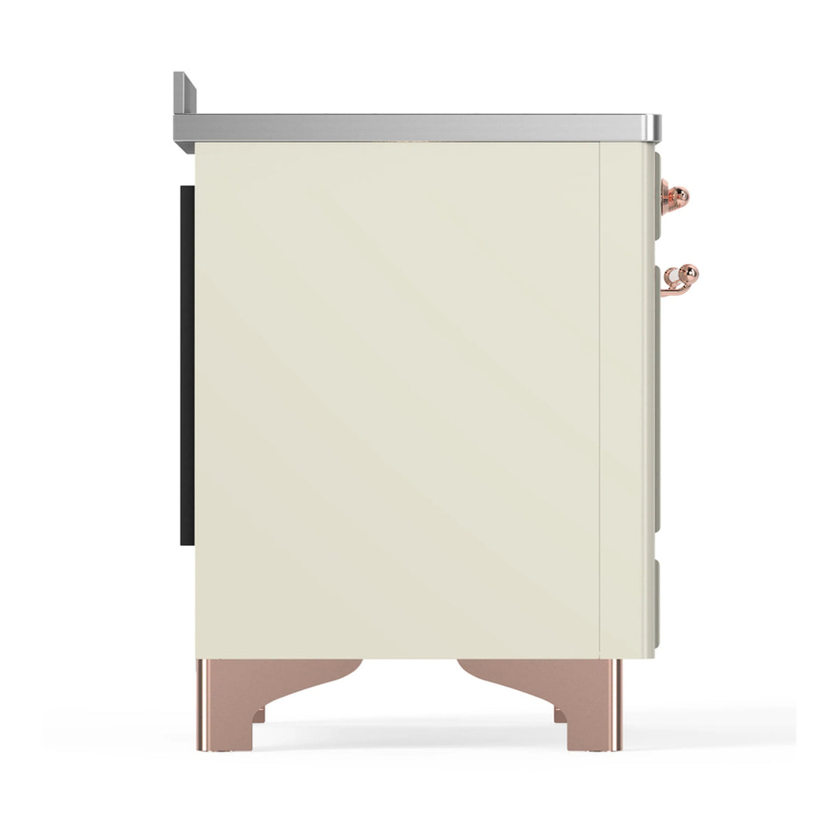 ILVE induction range side panel in antique white with copper-finished trim legs