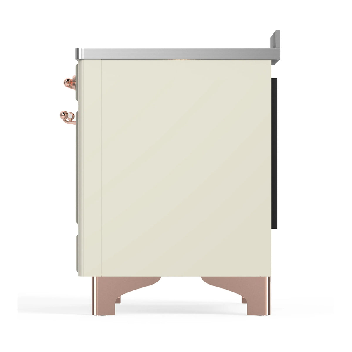 ILVE induction range other side panel in antique white with copper trim and legs