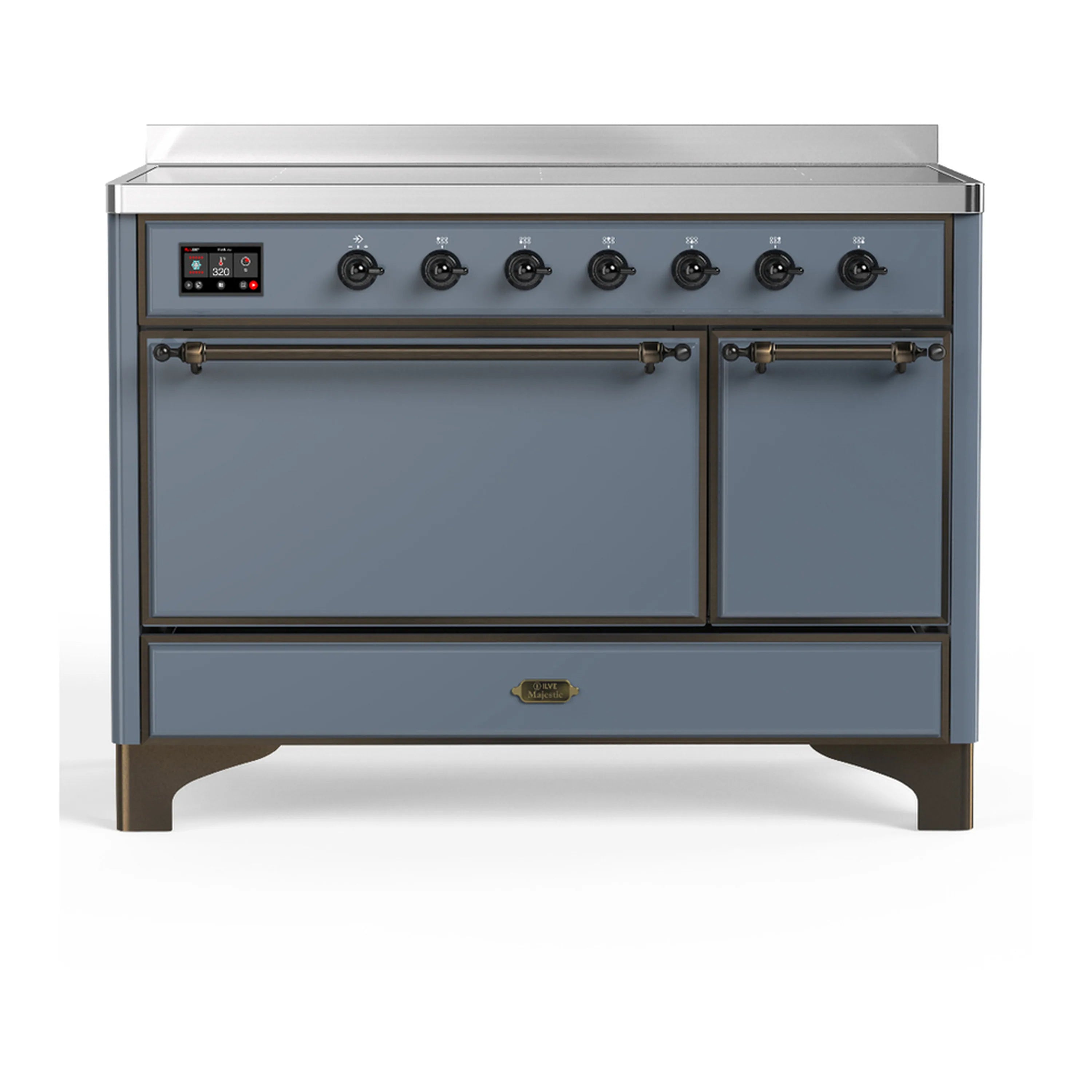 Blue grey induction range with two oven doors, six black control dials, and metal trim
