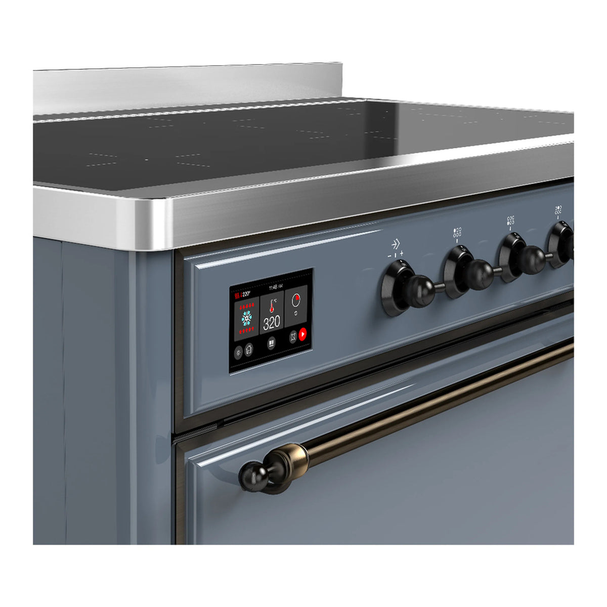 Blue grey range control panel with digital display and black knob controls