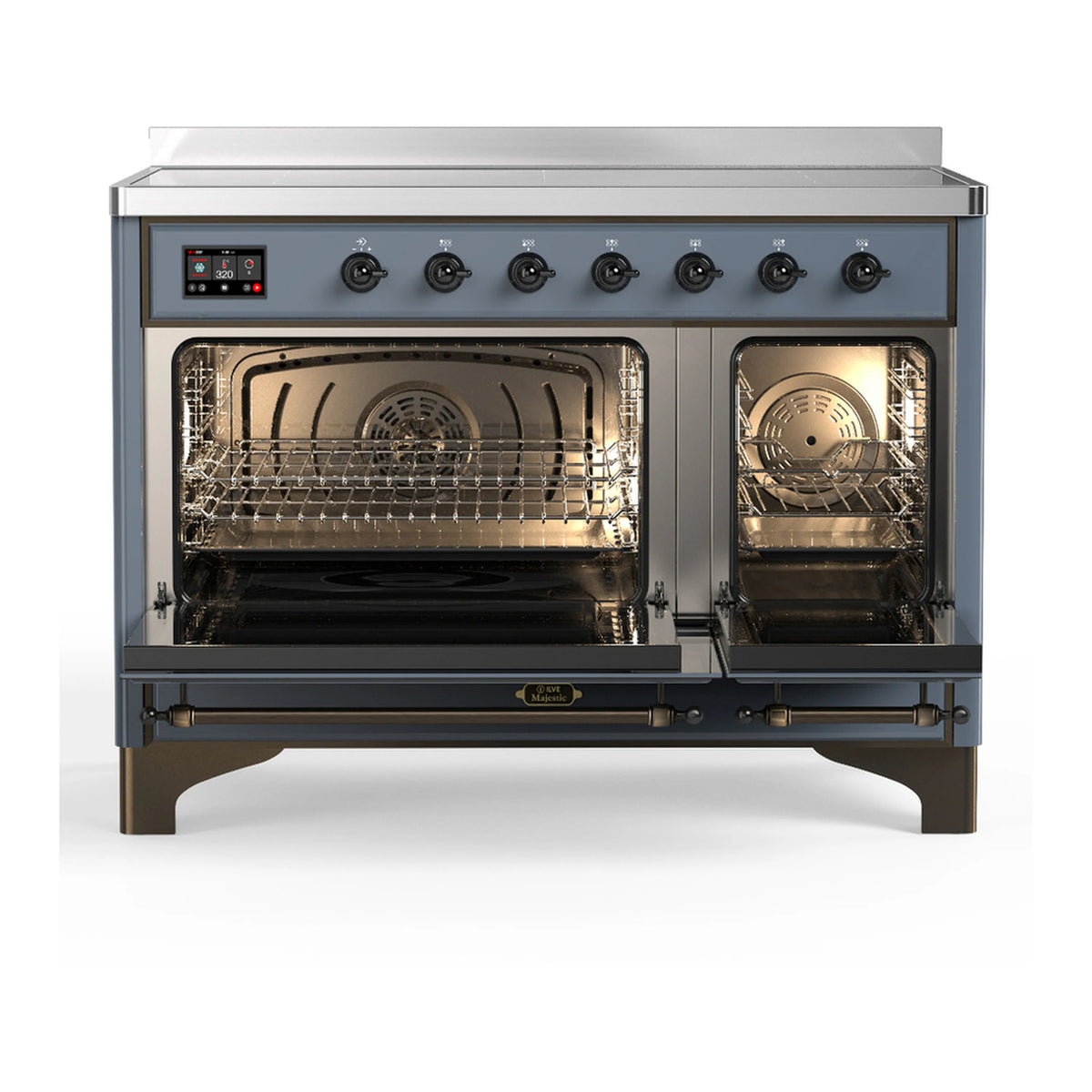Blue grey induction range with open ovens showing racks, burners, and interior lighting