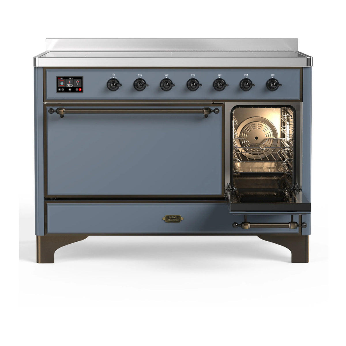 Blue grey induction range with one oven door open, interior light on, and control knobs