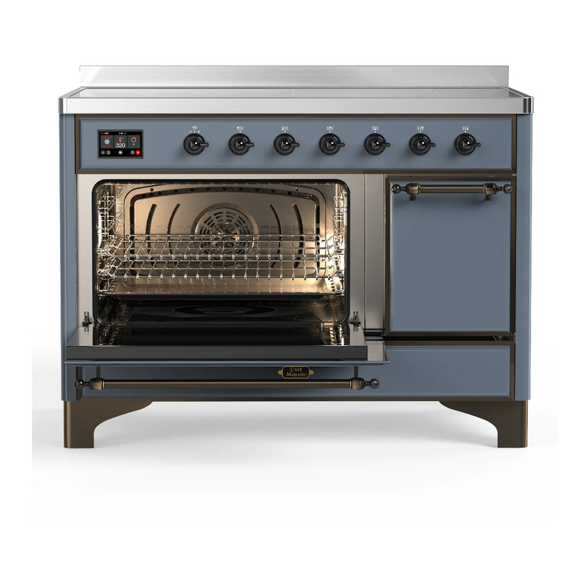 Blue grey induction range with open oven door and visible racks inside