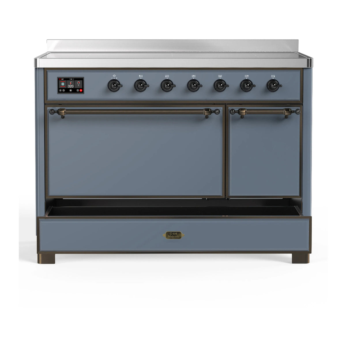 Blue grey induction range with closed oven doors and four front control knobs