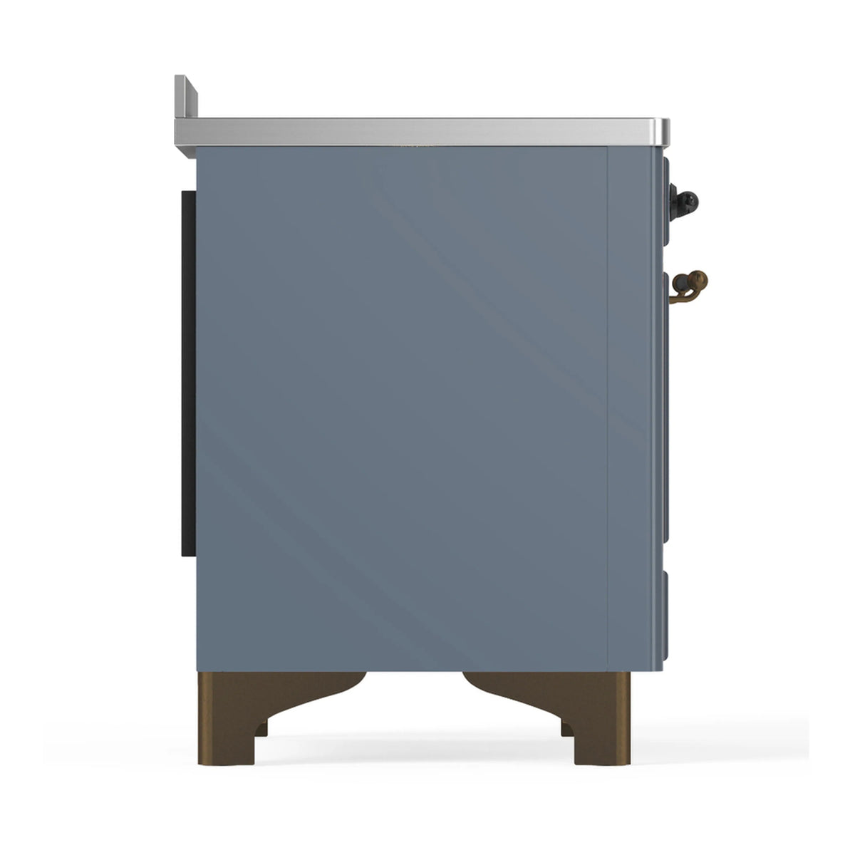 Side view of blue grey induction range with black side handle and bronze feet