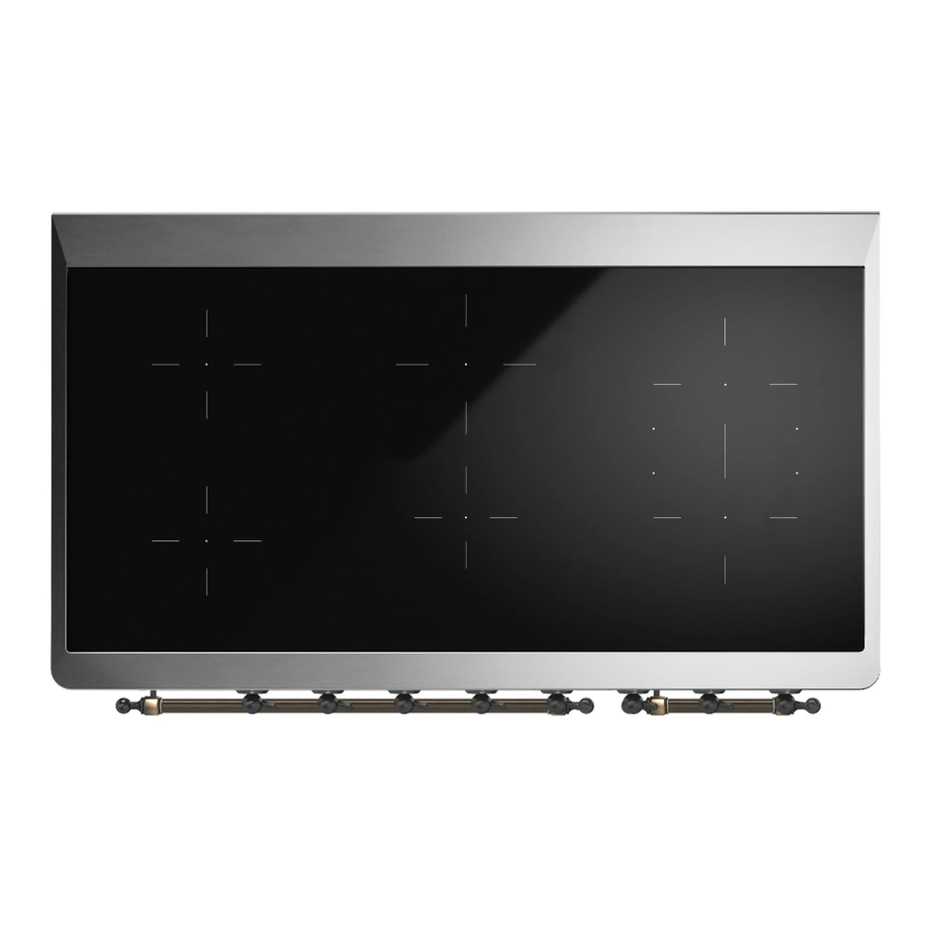 Blue grey induction cooktop with dark glass surface and burner indicators