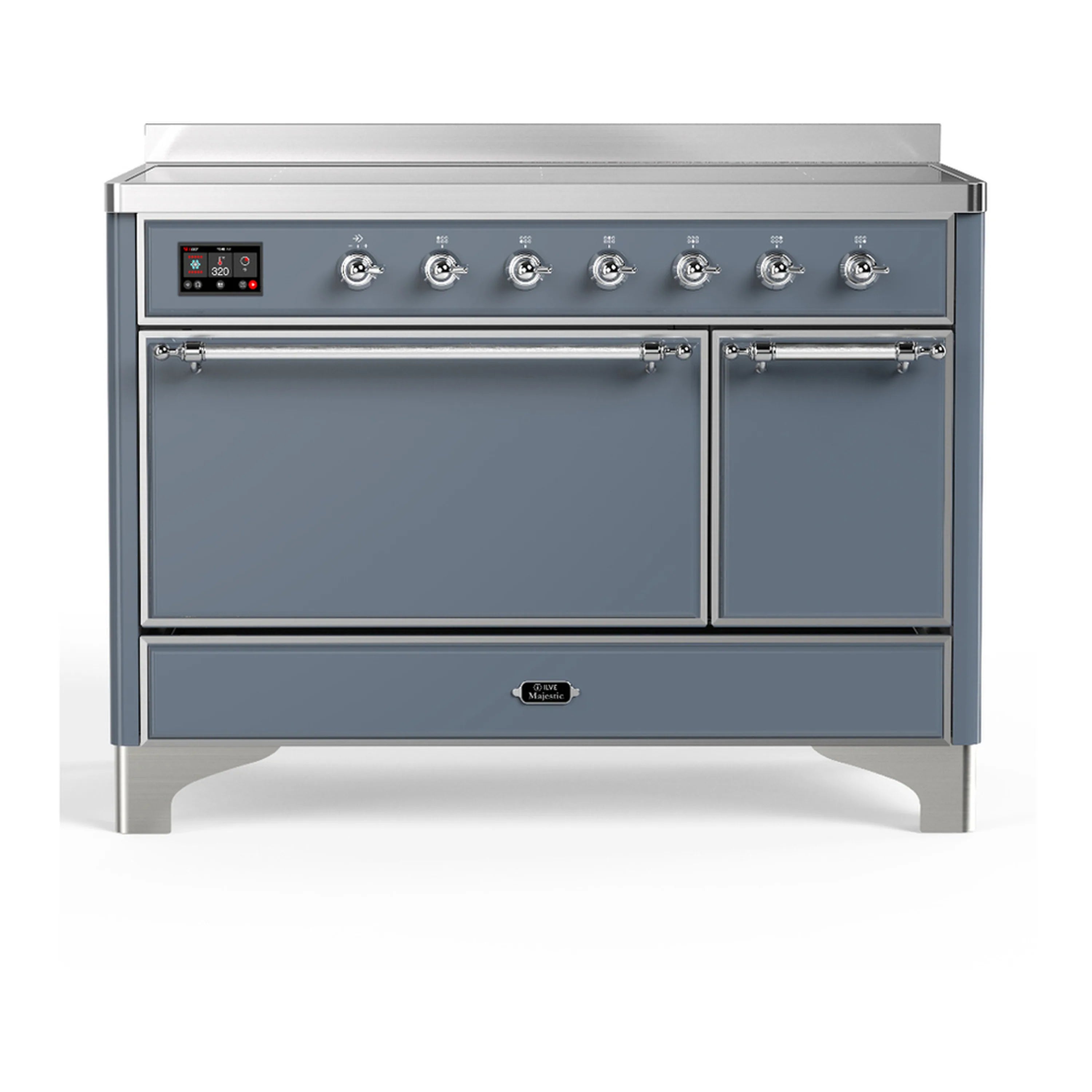 Blue grey induction range with chrome trim, control panel, and two oven doors