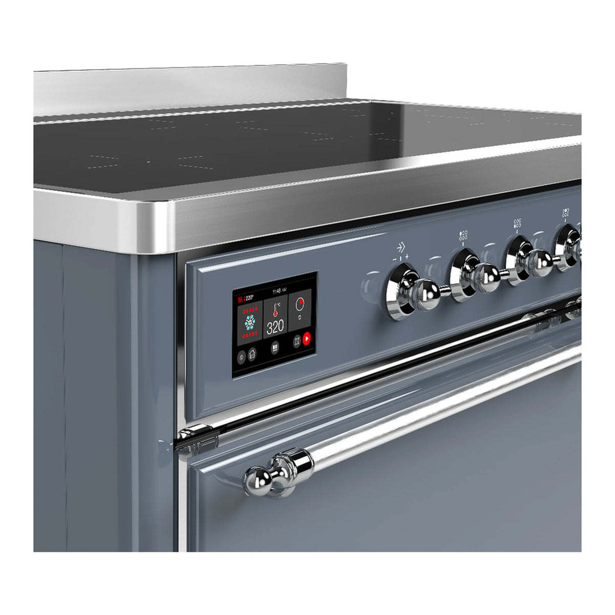 Induction range control panel with digital display and chrome knobs on blue grey body
