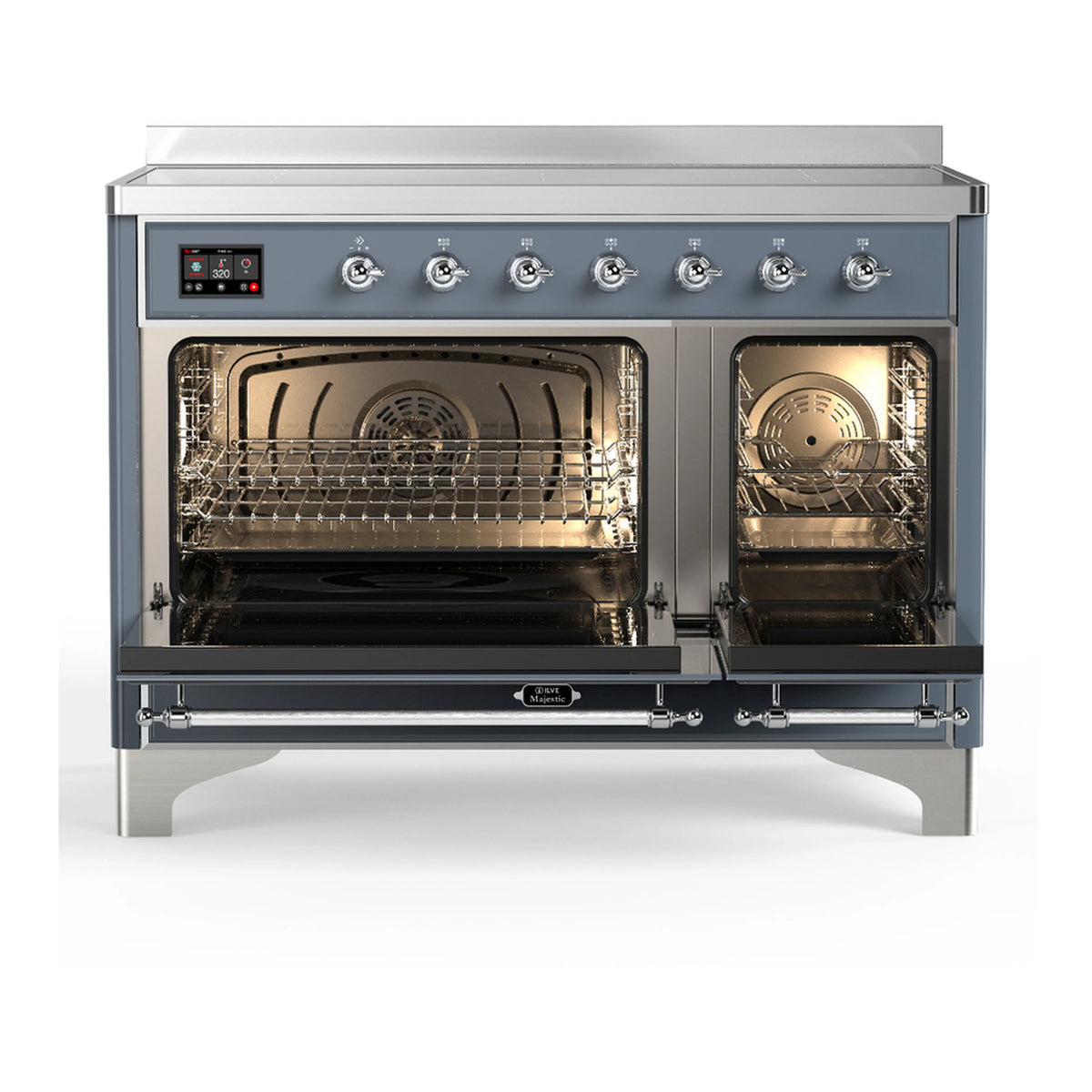 Blue grey induction range with oven door open, showing two interior racks