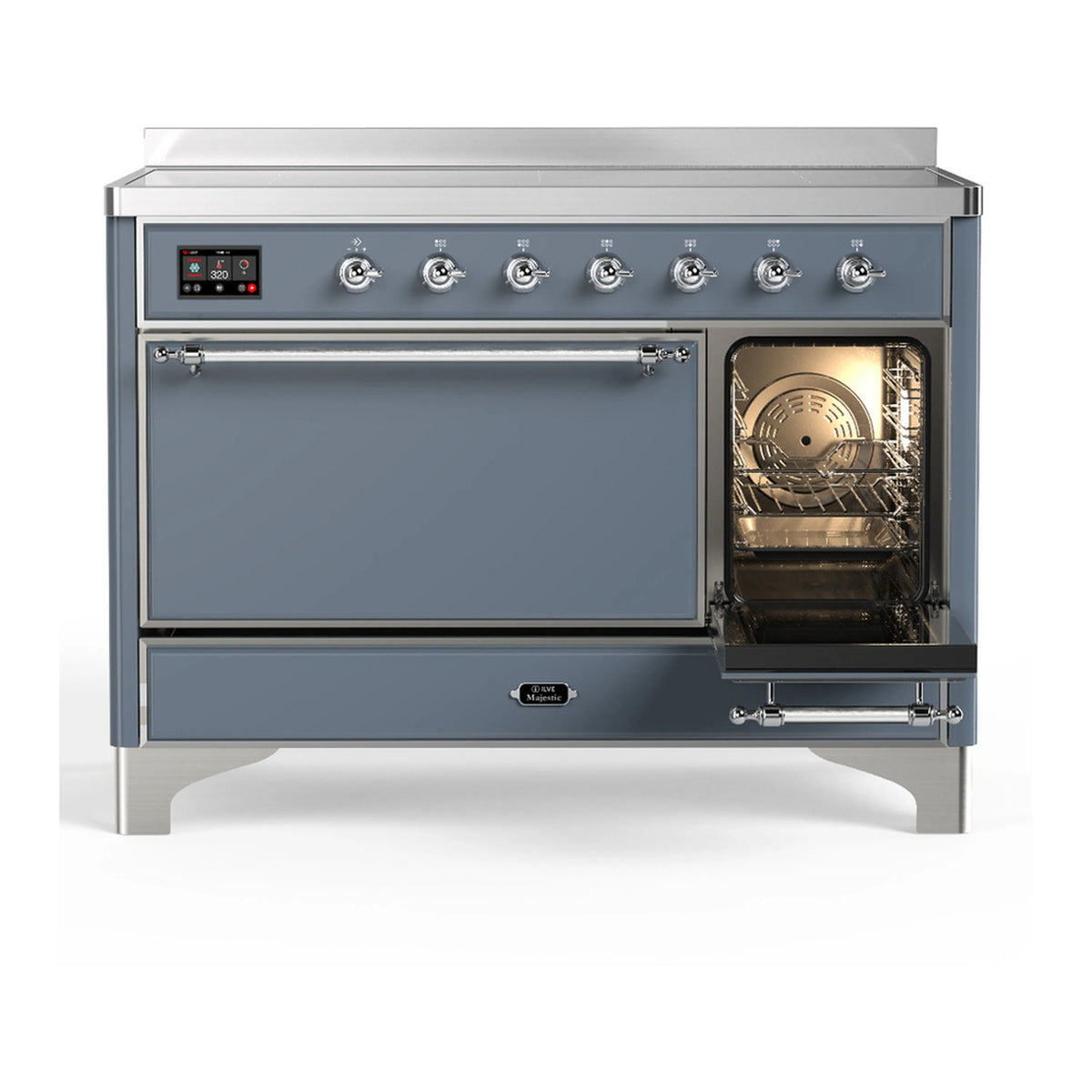 Blue grey induction range with right oven door open and interior heating elements visible