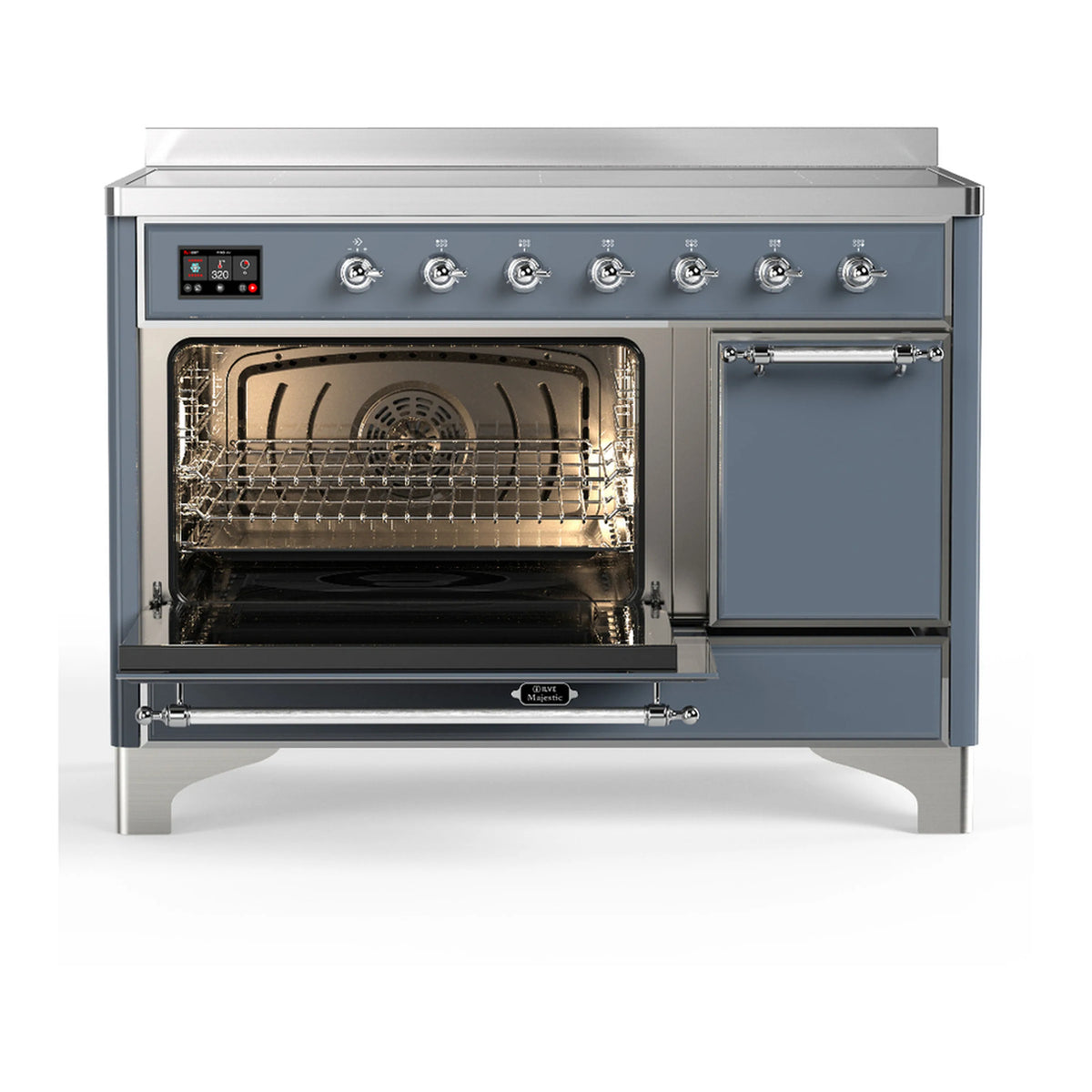 Blue grey induction range with oven door open and wire rack visible inside