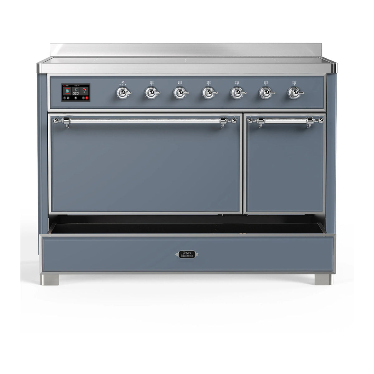 Blue grey induction range with chrome handles, control panel, and closed oven doors