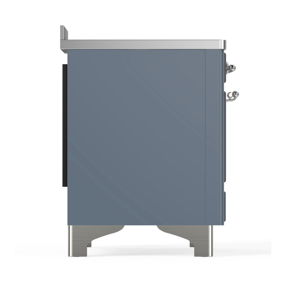 Side view of blue grey induction range with chrome accents and tall oven body