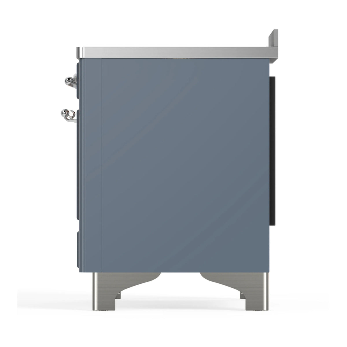 Rear side view of blue grey induction range with metal hardware and legs