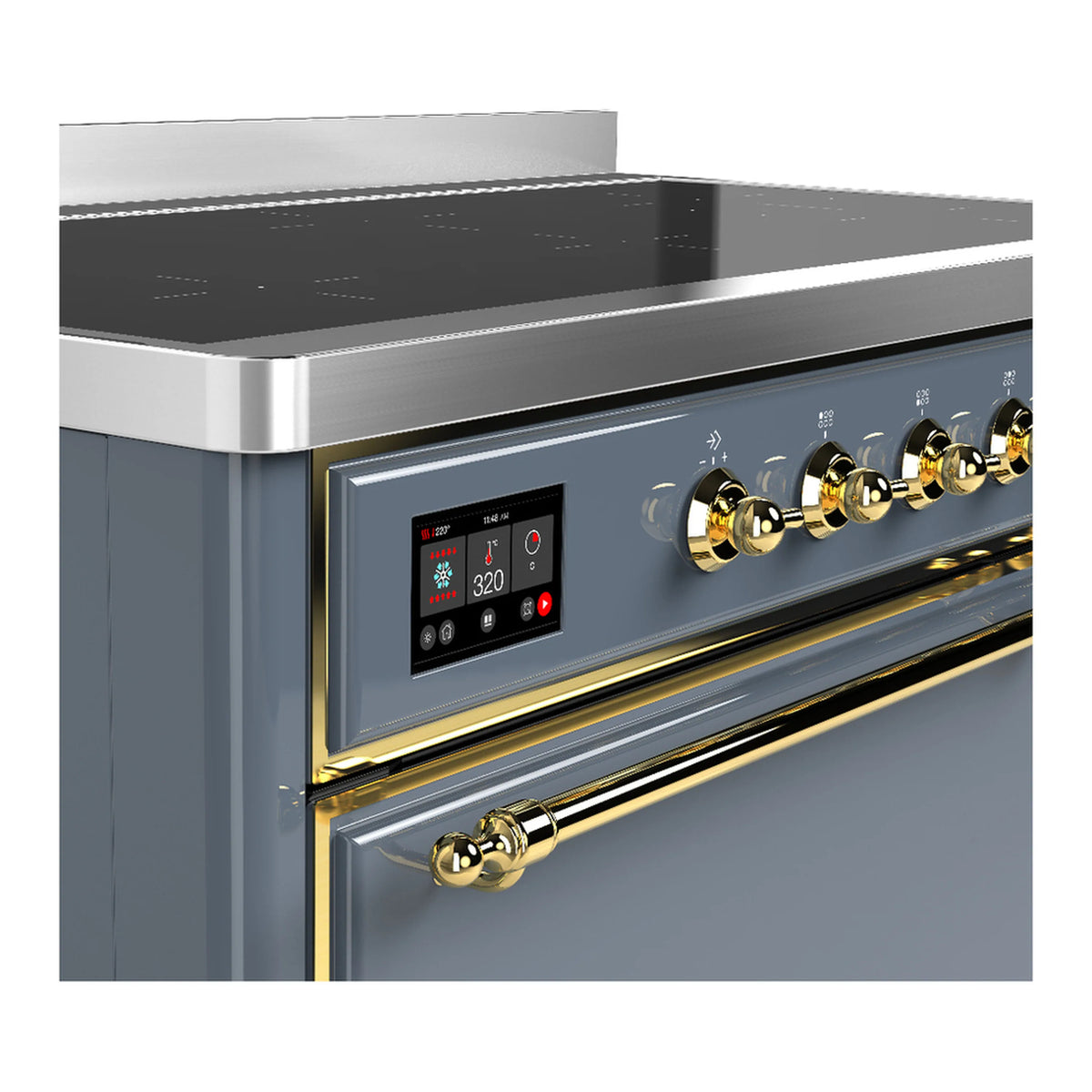 Induction range control panel with blue display and brass knobs, close-up