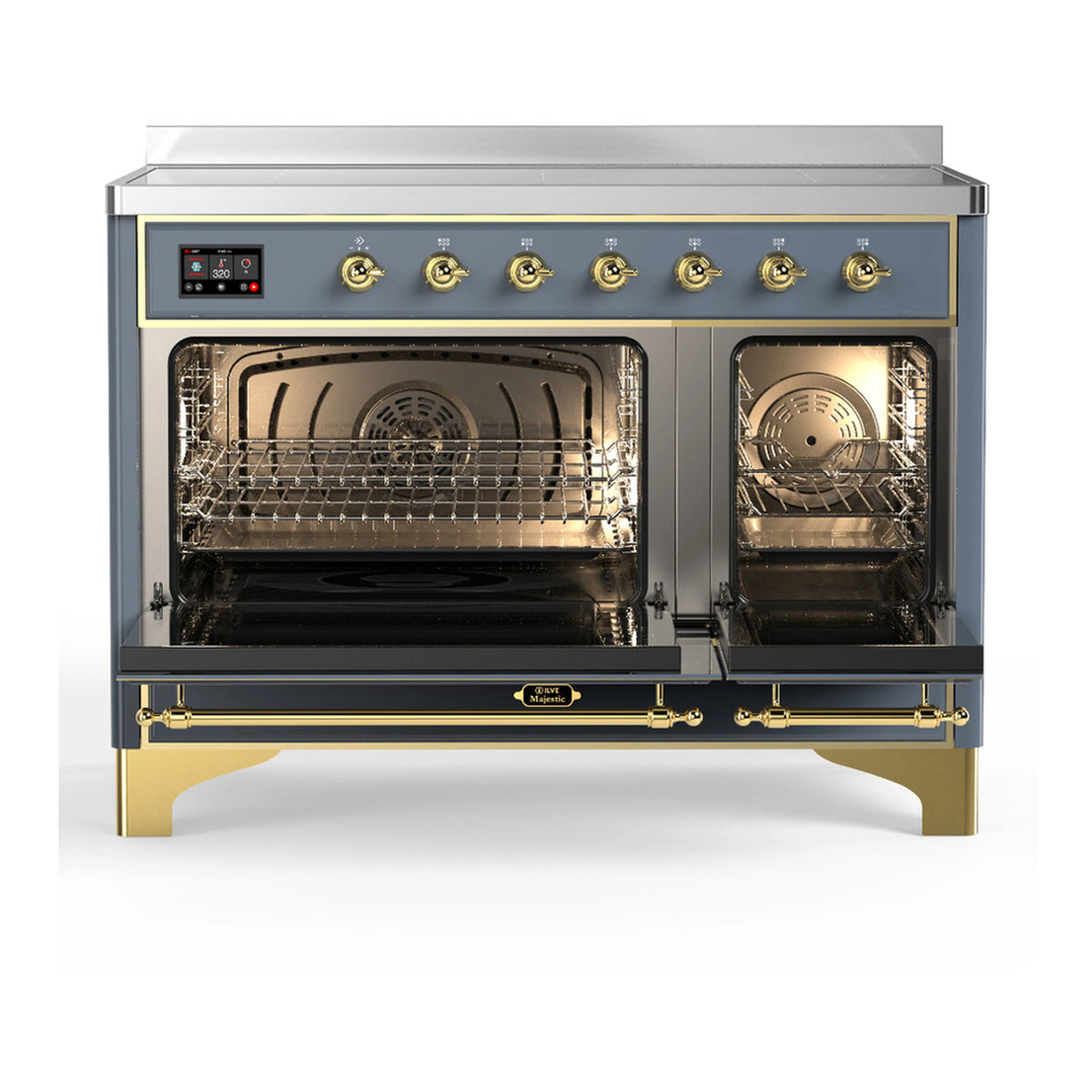 48-inch induction range with blue grey open oven doors, racks inside, brass trim