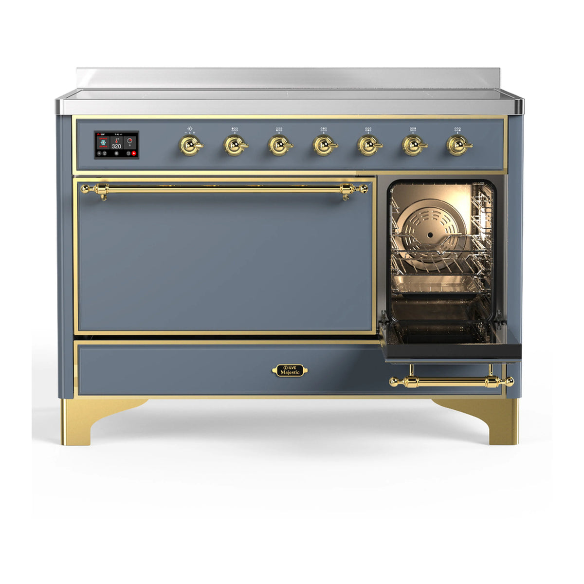 Induction range with one oven door open, blue interior light, blue grey body, brass trim