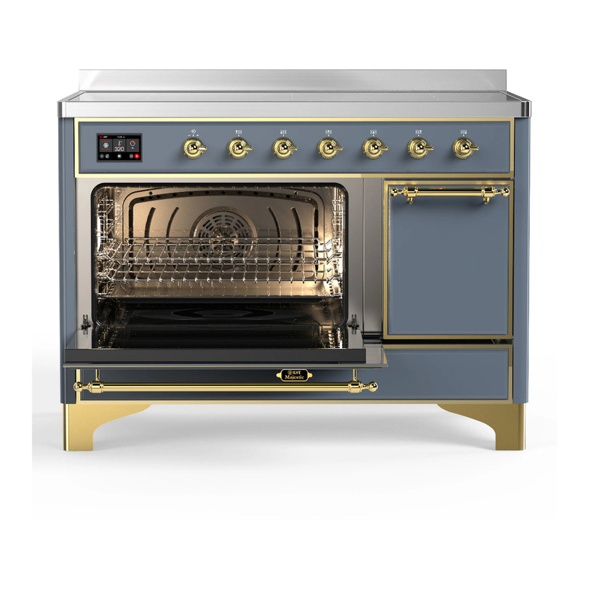 Induction range with both oven doors open, visible racks and heating chamber, brass trim