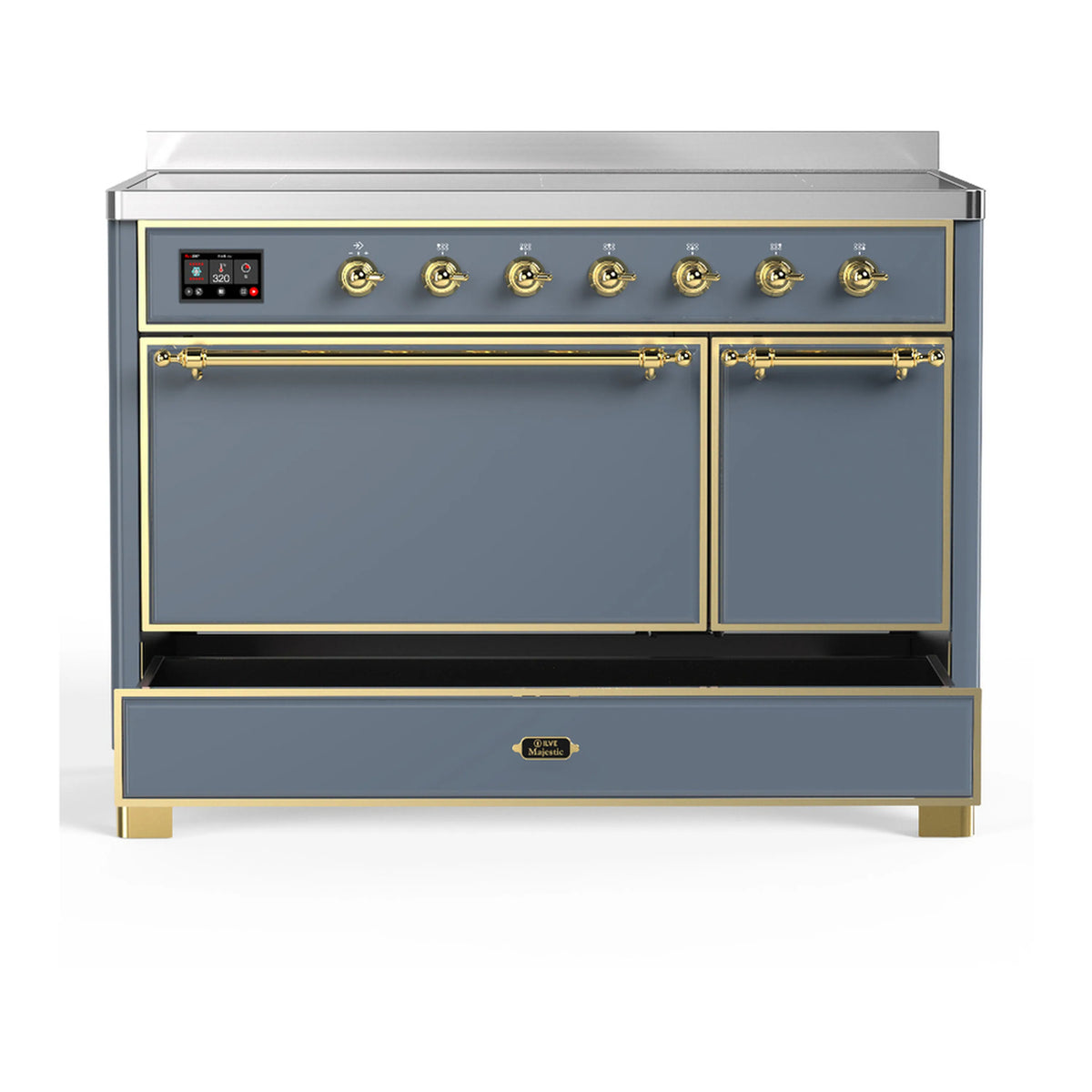 48-inch induction range with two closed oven doors, blue grey finish and brass trim
