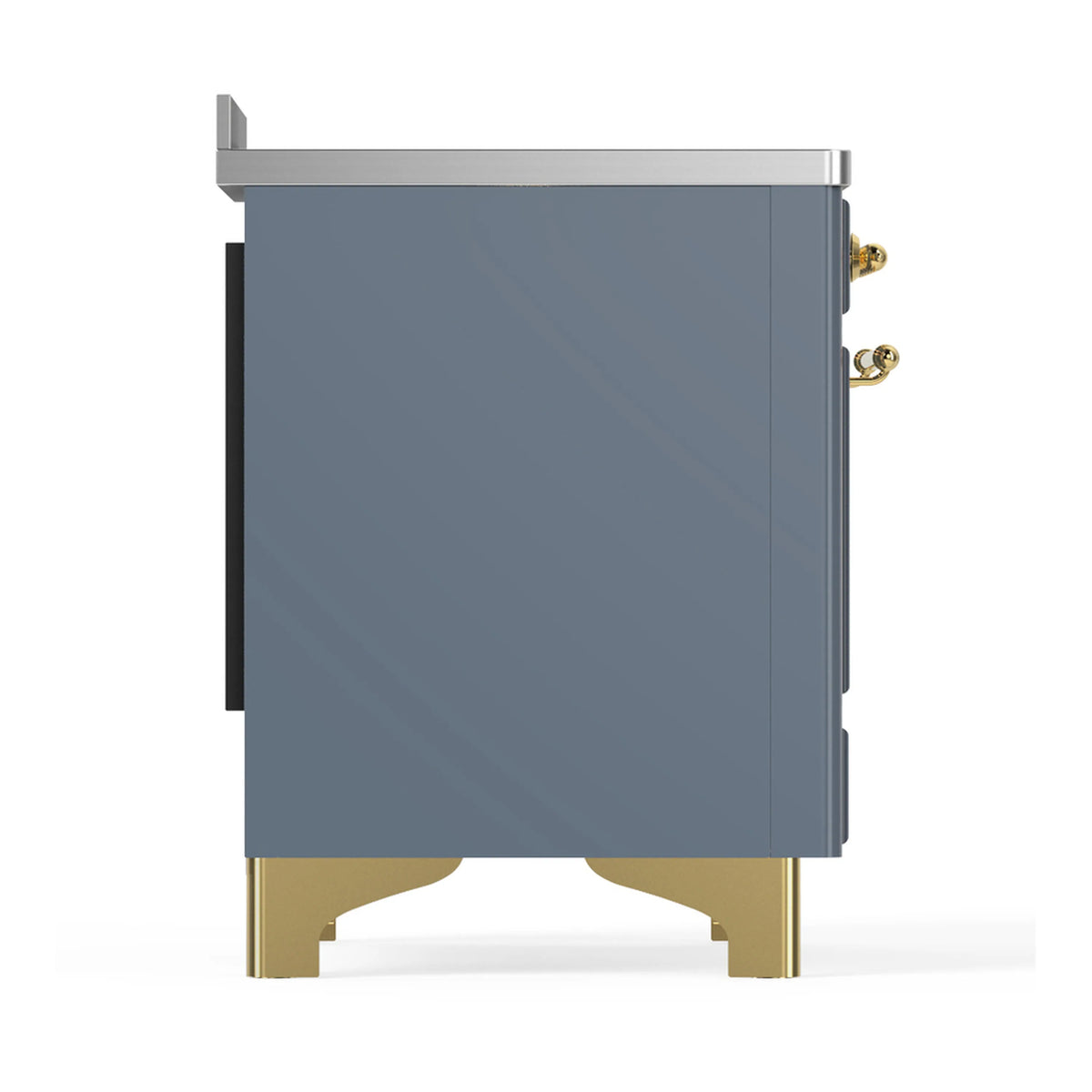 Induction range side panel in blue grey with brass feet and trim details